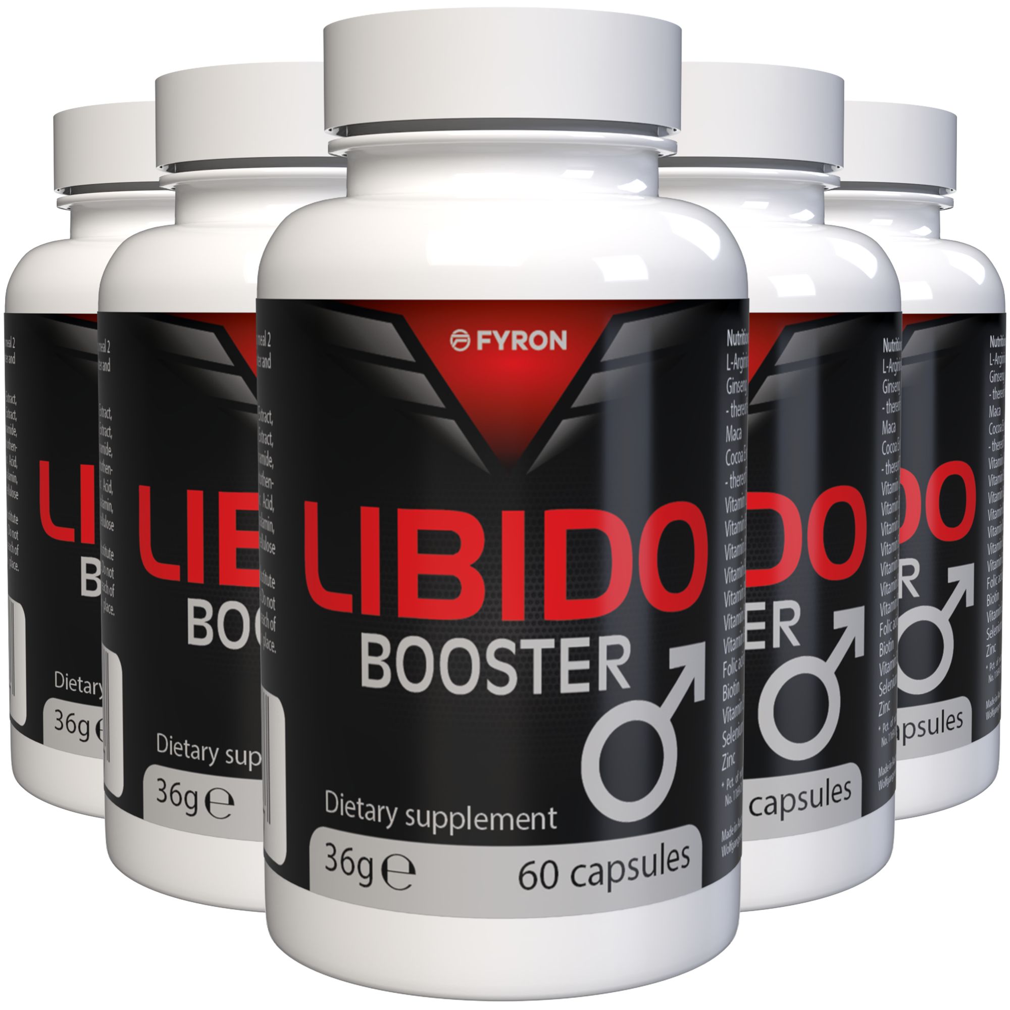 Fünf Flaschen Libido Booster, Nahrungsergänzungsmittel, 60 Kapseln pro Flasche.