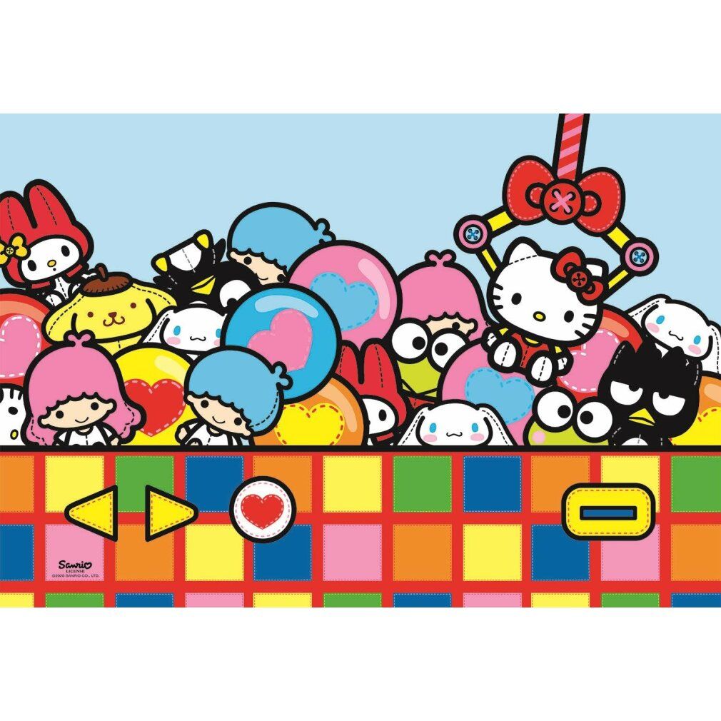 Puzzle-Motiv mit Hello Kitty und Sanrio-Figuren. Bunte Szene mit Figuren und einem Greifarm. Hintergrund blau. Puzzle-Teile in verschiedenen Farben.