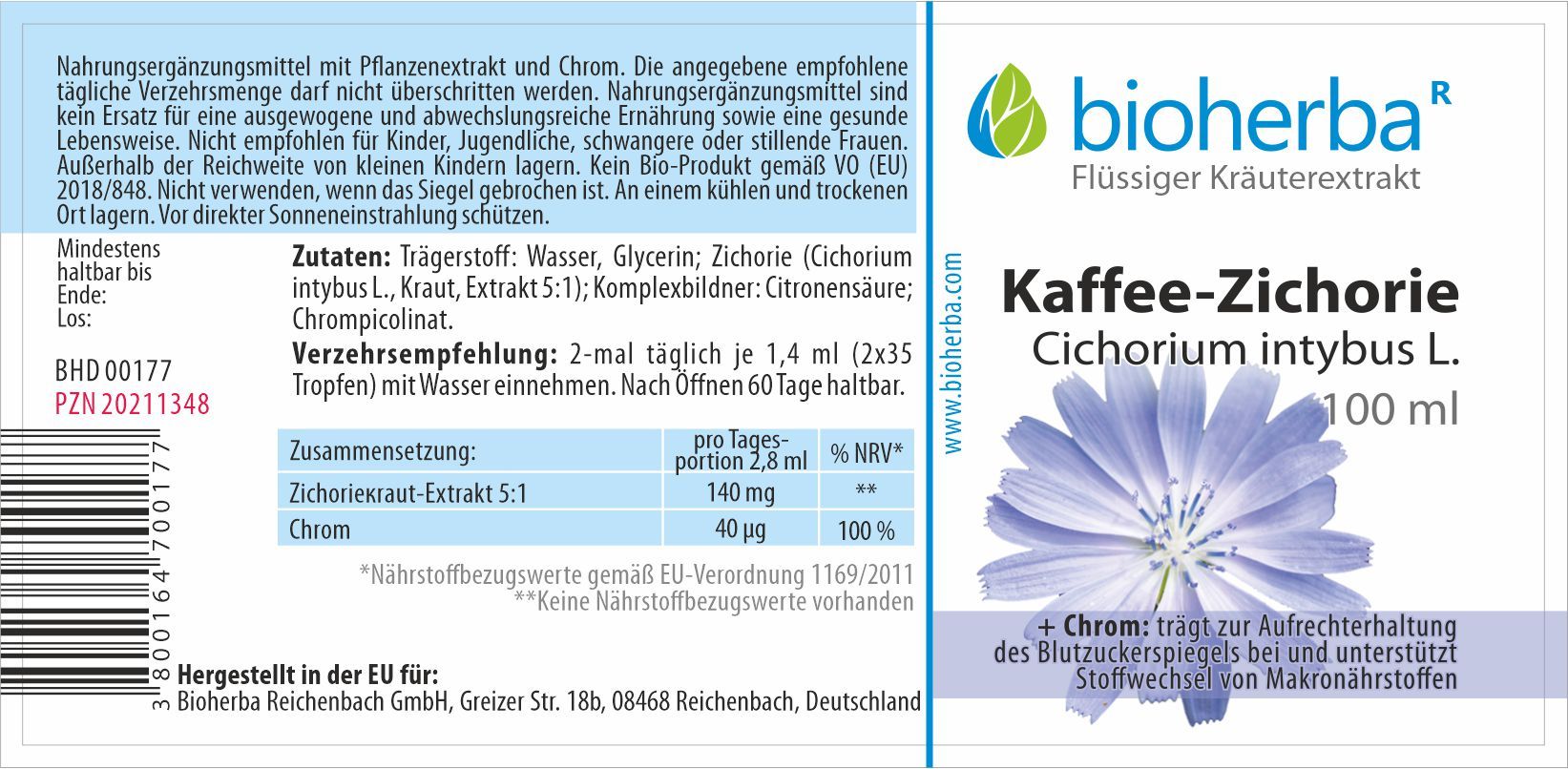 Etikett mit Produktinformationen. Enthält Text: Kaffee-Zichorie, Cichorium intybus L., 100 ml, Bioherba, Kräuterextrakt.