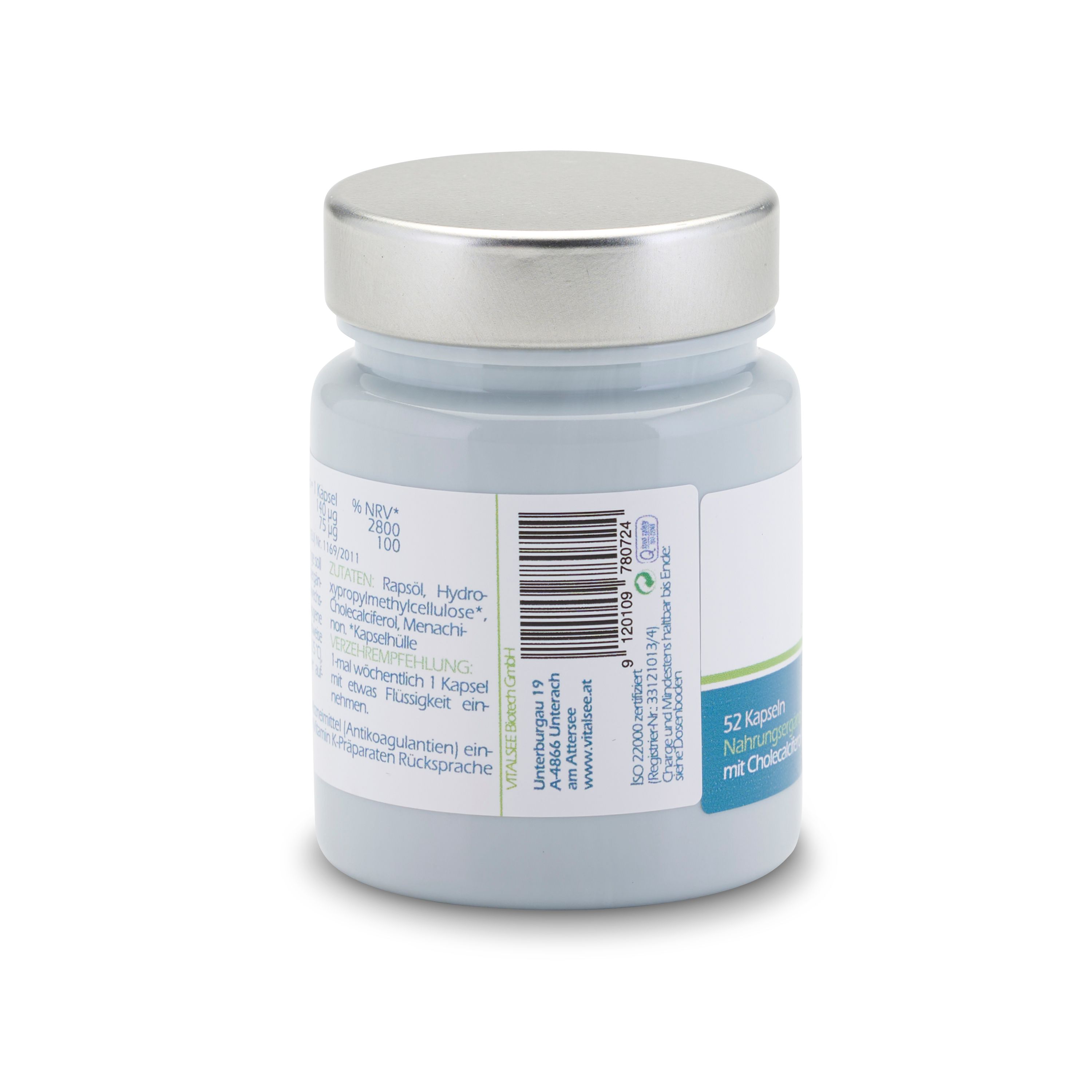 Rückansicht der grauen Flasche mit silbernem Deckel. Etikett mit Text und Barcode.