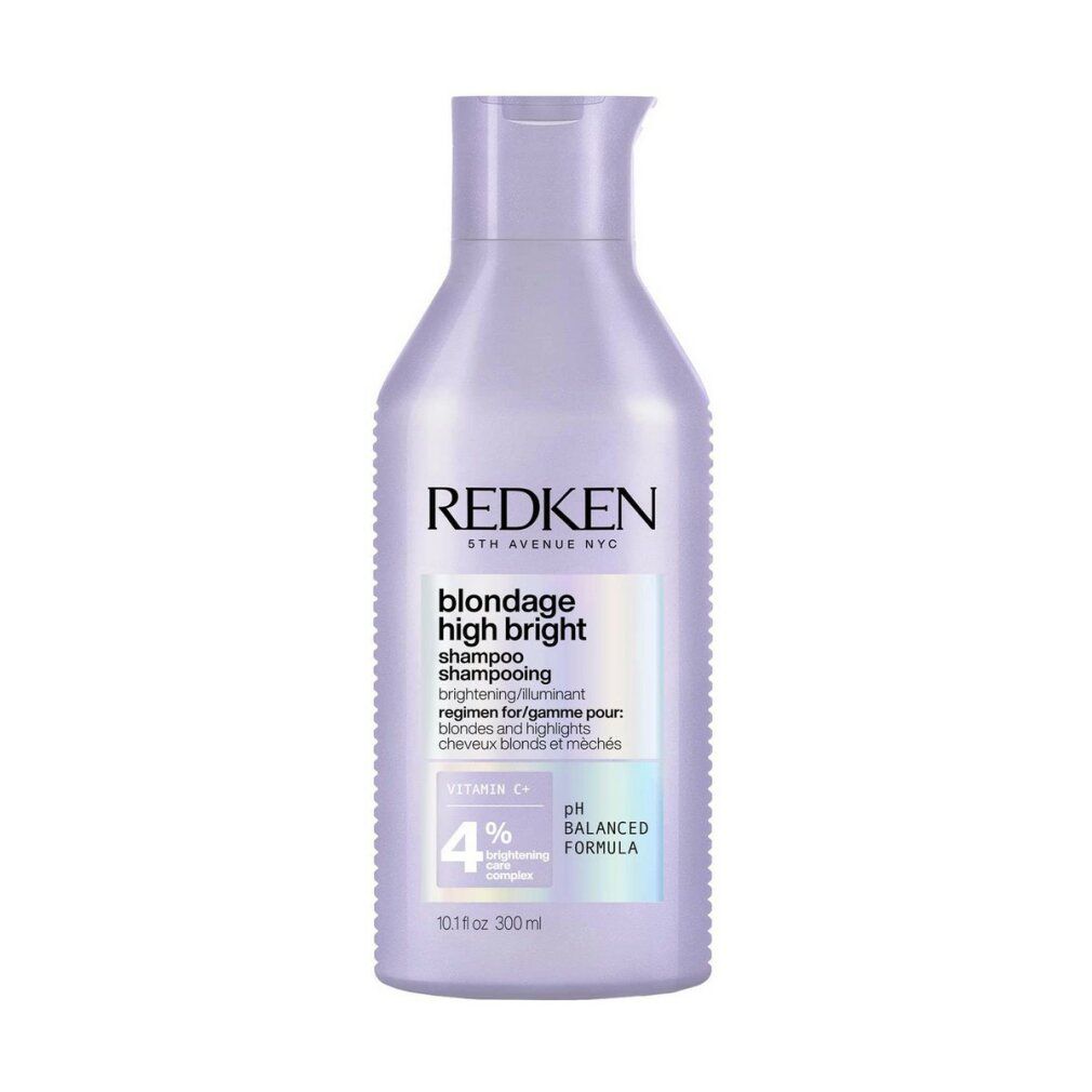 Flasche mit lila Shampoo. Aufschrift: Redken, Blondage High Bright Shampoo. 300ml. pH-ausgeglichene Formel.