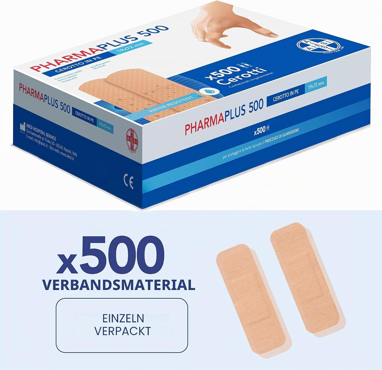 Verpackung mit 500 einzeln verpackten Pflastern, 19x72 mm.