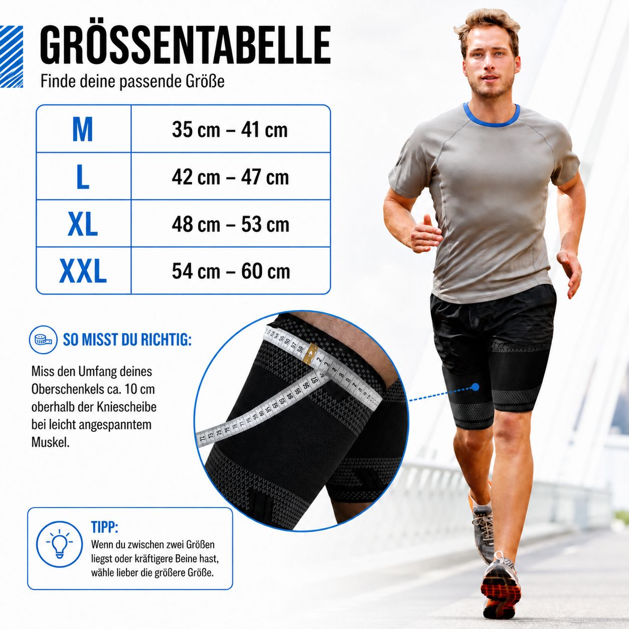 Oberschenkelbandage am Bein eines Mannes. Größenangaben: M (35-41 cm), L (42-47 cm), XL (48-53 cm), XXL (54-60 cm).