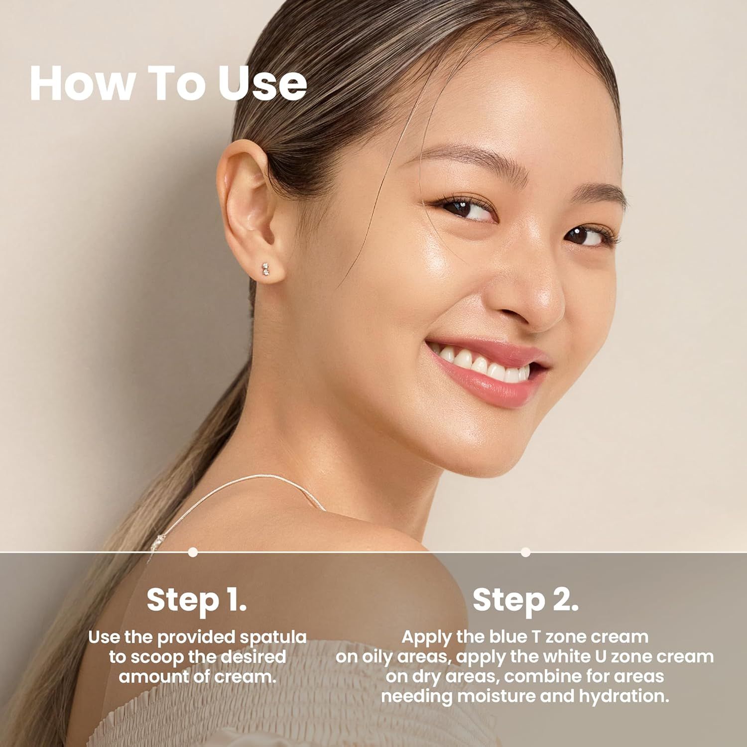 Gesicht einer Frau mit Anweisungen. Schritt 1: Spatel. Schritt 2: Creme auftragen.