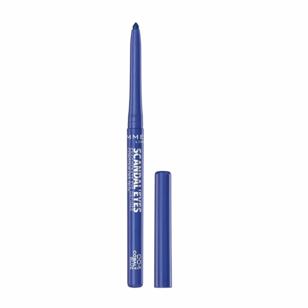 Blauer Kajalstift mit aufgedrehtem Applikator und separater Kappe. Beschriftung: Rimmel Scandal'Eyes, Waterproof Kohl Kajal.