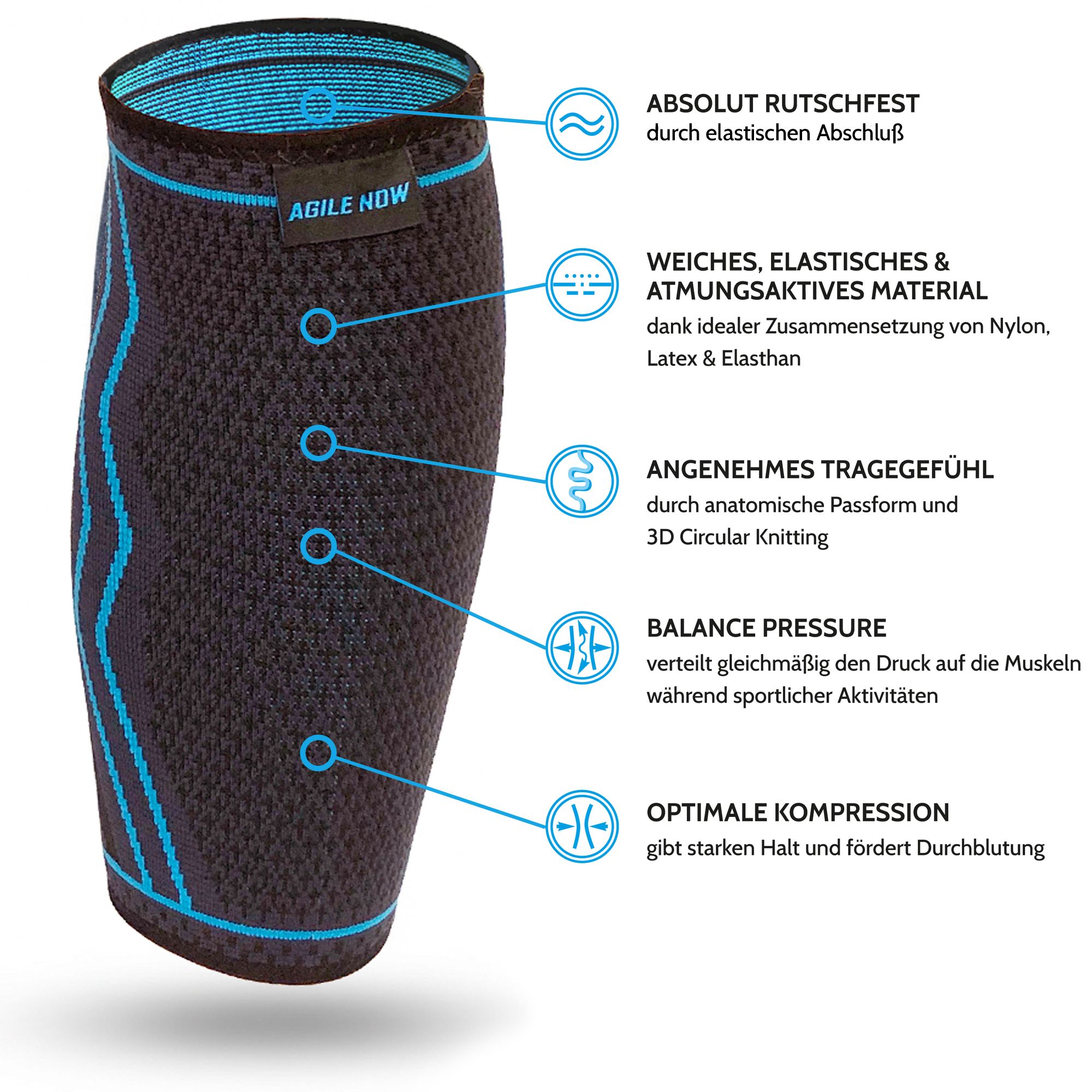 Schwarze Wadenbandage mit blauen Akzenten. Anatomische Passform, atmungsaktives Material. Nylon, Latex & Elasthan. Optimale Kompression.