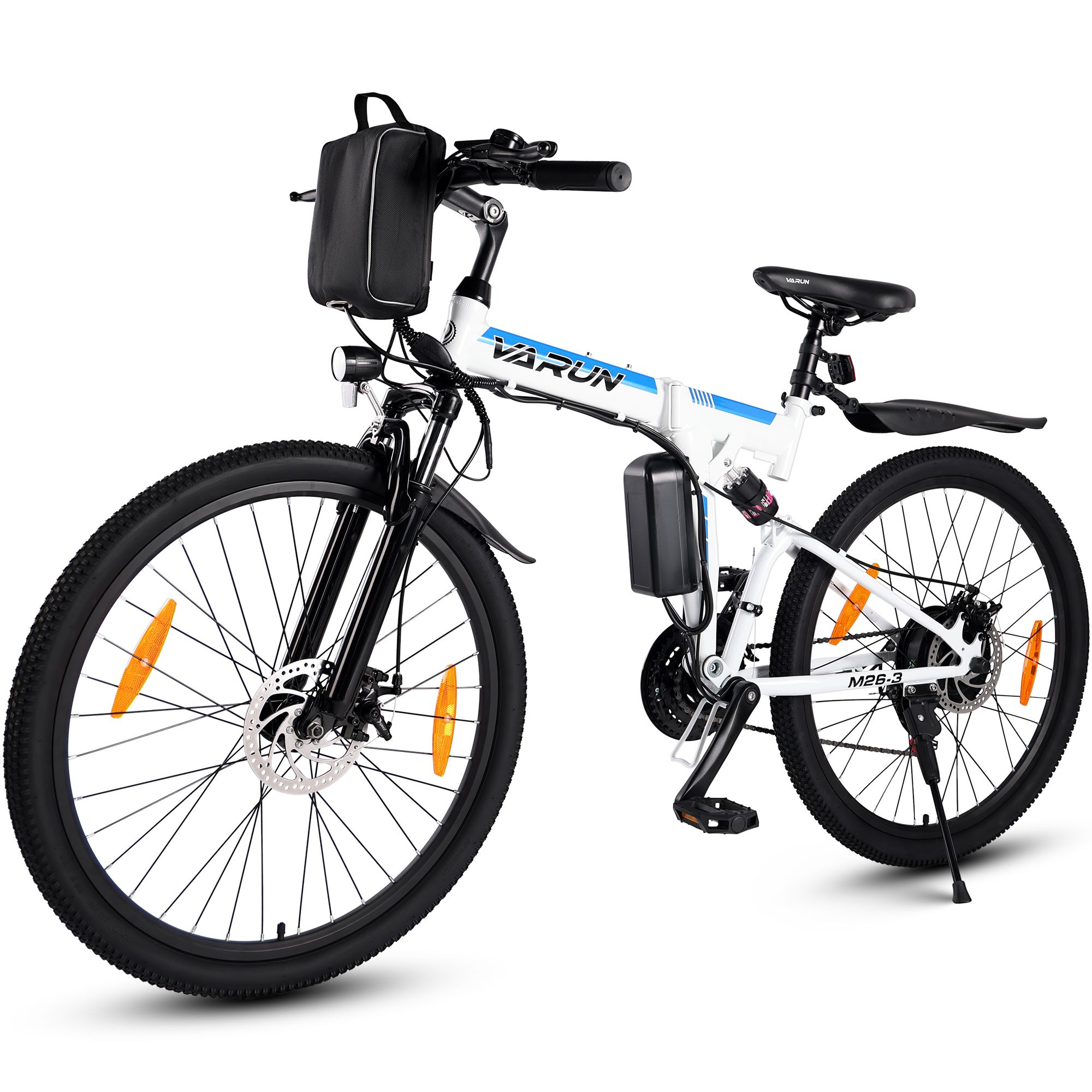 Faltbares E-Bike, weiß-blau. Schwarze Details, Gepäckträger, Schutzbleche, orangefarbene Reflektoren.