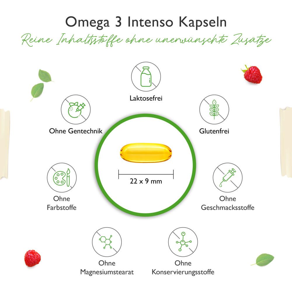 Infografik mit einer Kapsel und Symbolen. Ohne Gentechnik, Glutenfrei, Ohne Farbstoffe, Ohne Magnesiumstearat, Ohne Konservierungsstoffe.