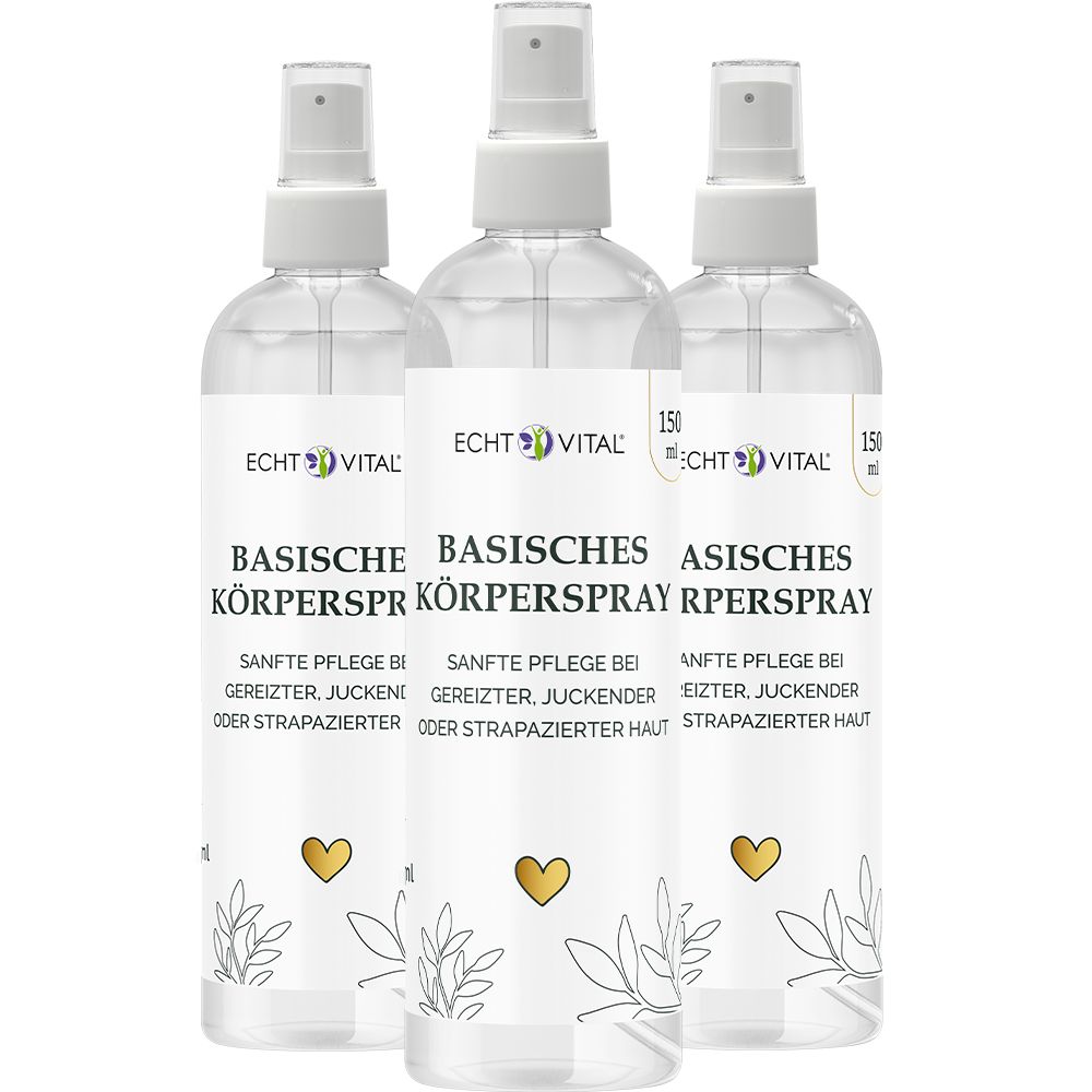 Drei Sprühflaschen Echt Vital Basisches Körperspray mit Herz- und Pflanzenmotiv.