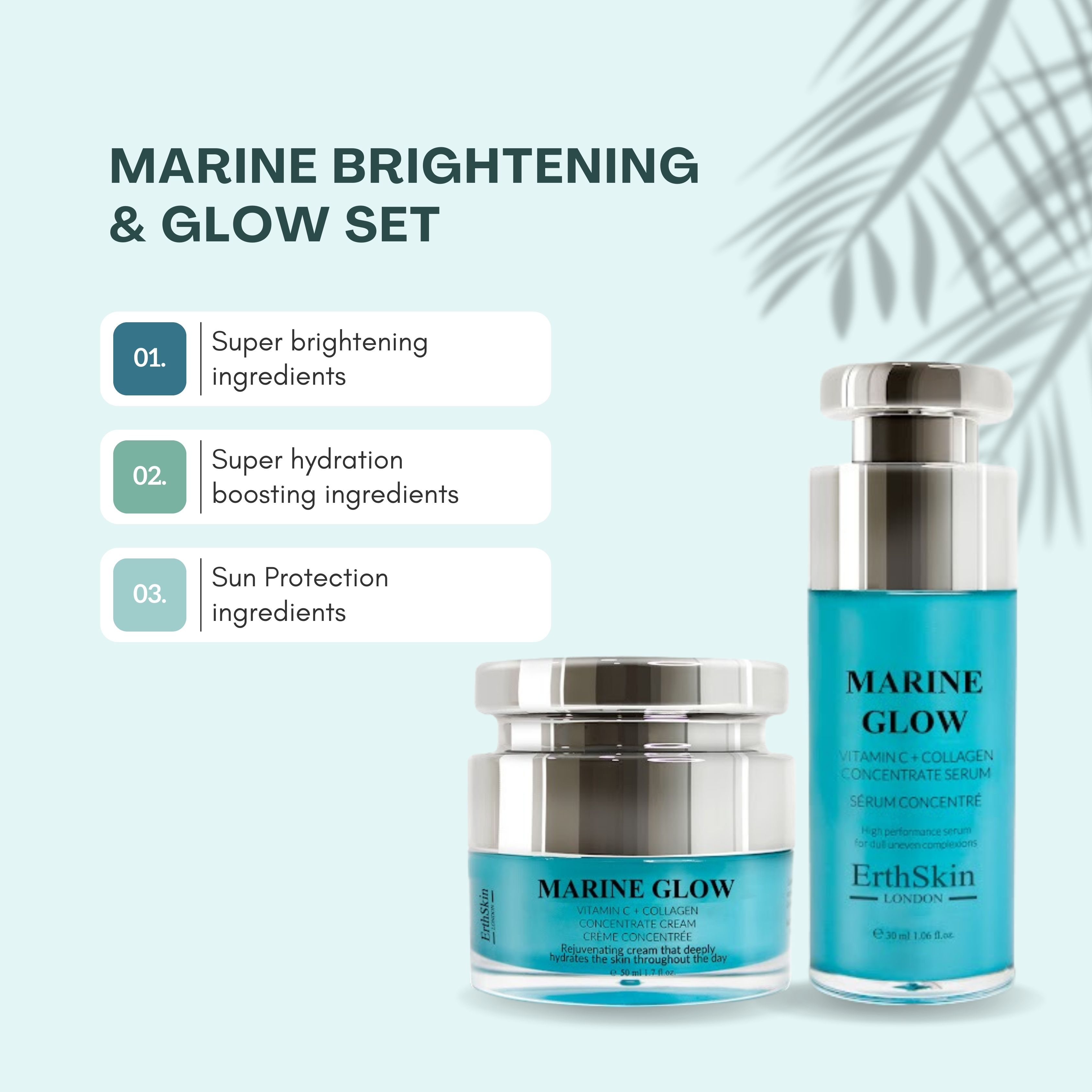 Marine Brightening & Glow Set. Zwei blaue Flaschen mit silbernen Deckeln. Aufschrift: Marine Glow. Text: Super aufhellende Inhaltsstoffe, Super Feuchtigkeitsspender, Sonnenschutz.