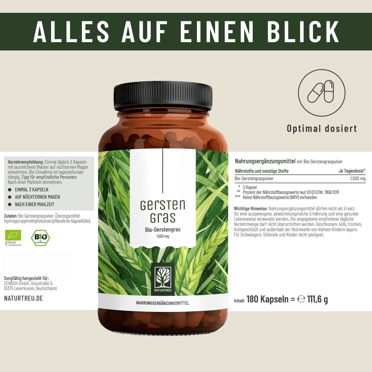 Prüfbericht von Agrolab für Gerstengras-Kapseln, bestätigt Reinheit und Qualität.