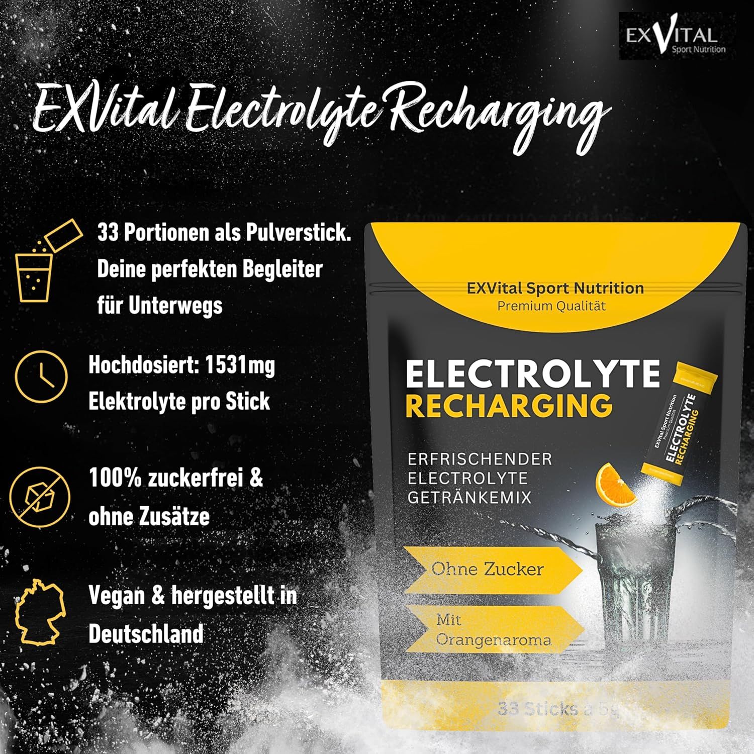 EXVital Elektrolyte Recharging Verpackung. 33 Portionen als Pulverstick. Text: Ohne Zucker, Mit Orangenaroma, Vegan & hergestellt in Deutschland.