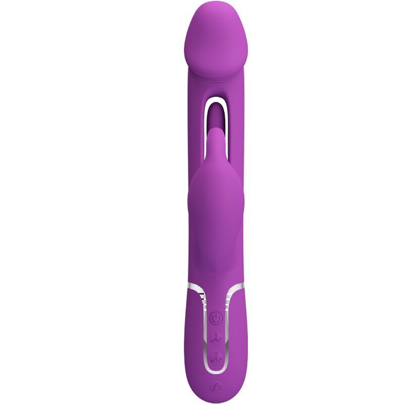 Lila Kaninchen-Vibrator, Vorderansicht mit silbernen Bedienelementen.