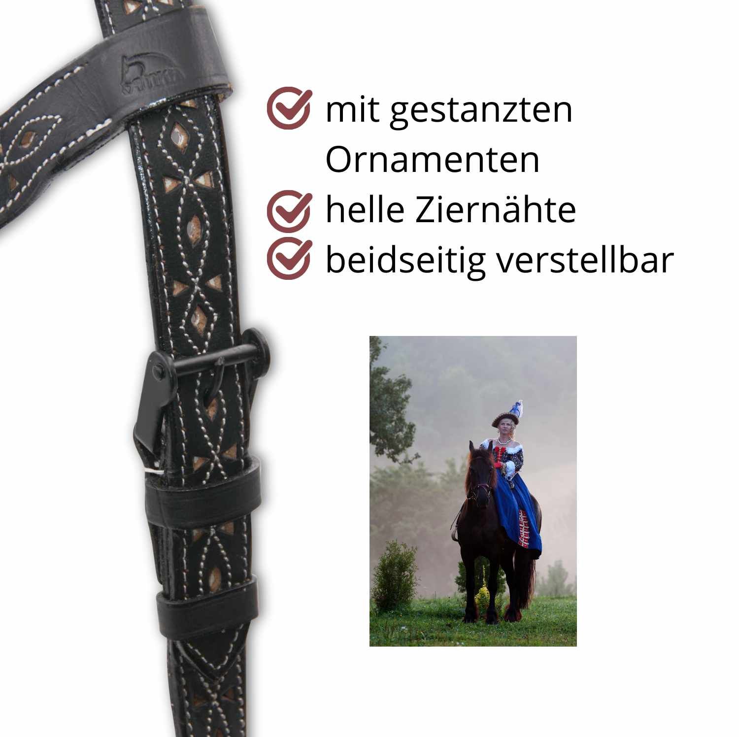 Detail der Trense mit gestanzten Ornamenten und hellen Ziernähten. Beidseitig verstellbar. AMKA Spanische Trense.