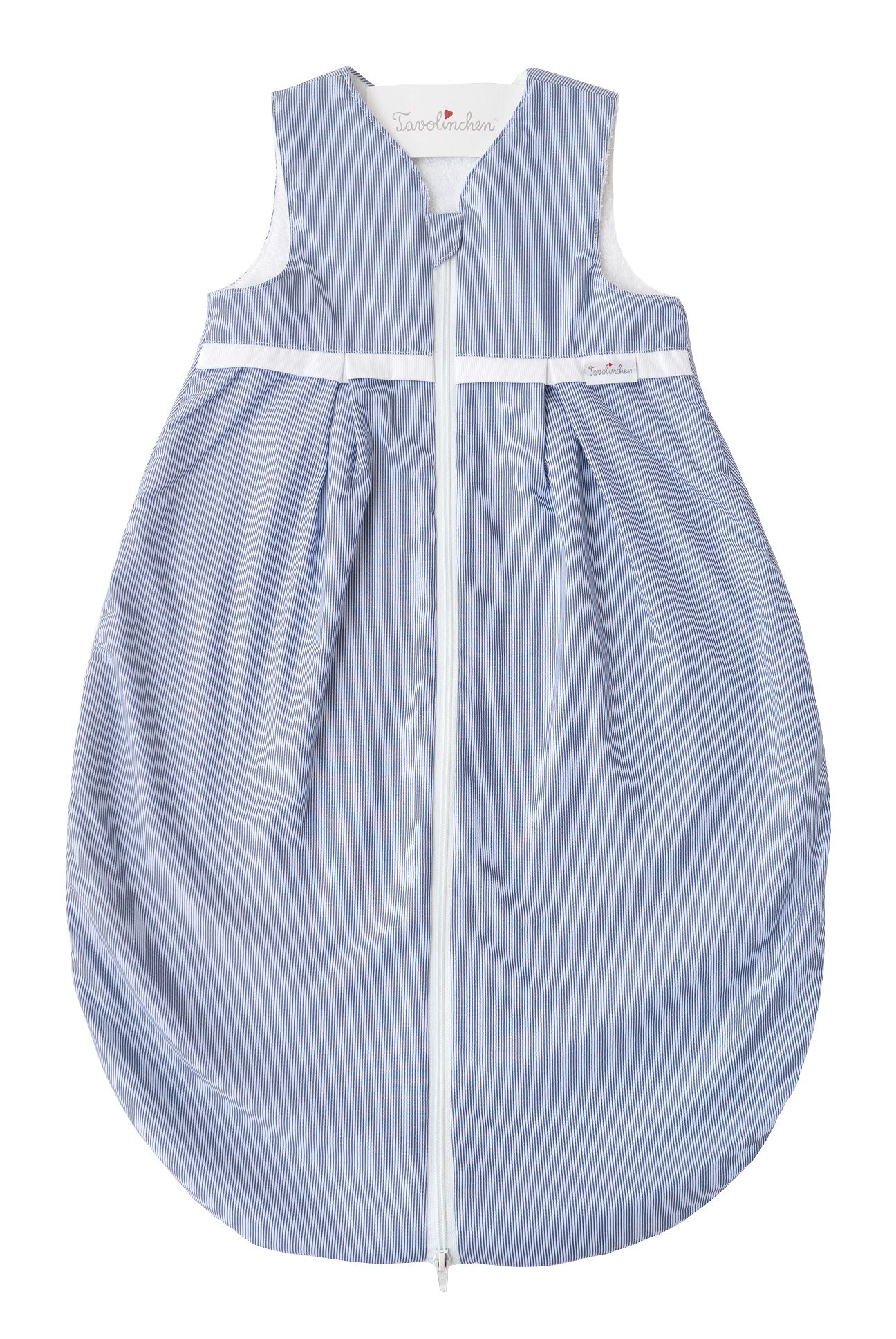 Frottierschlafsack mit Biese Boluda Streifen, blau-weiß gestreift, Reißverschluss, Markenlogo. Baumwolle.