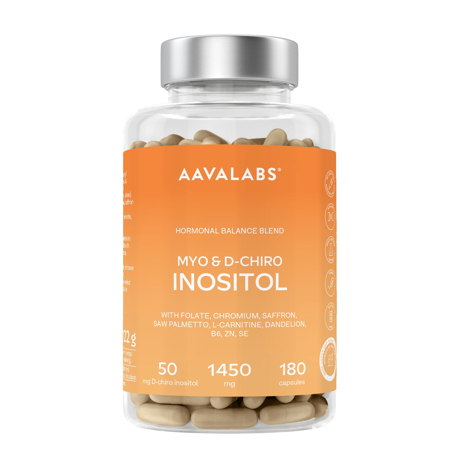 Kapseln in einer transparenten Flasche. Aufschrift: Aavalabs, Myo & D-Chiro Inositol. Enthält 180 Kapseln.
