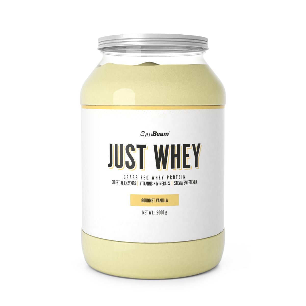 Großer Behälter mit Just Whey Proteinpulver, Sorte Gourmet Vanilla, 2000g.