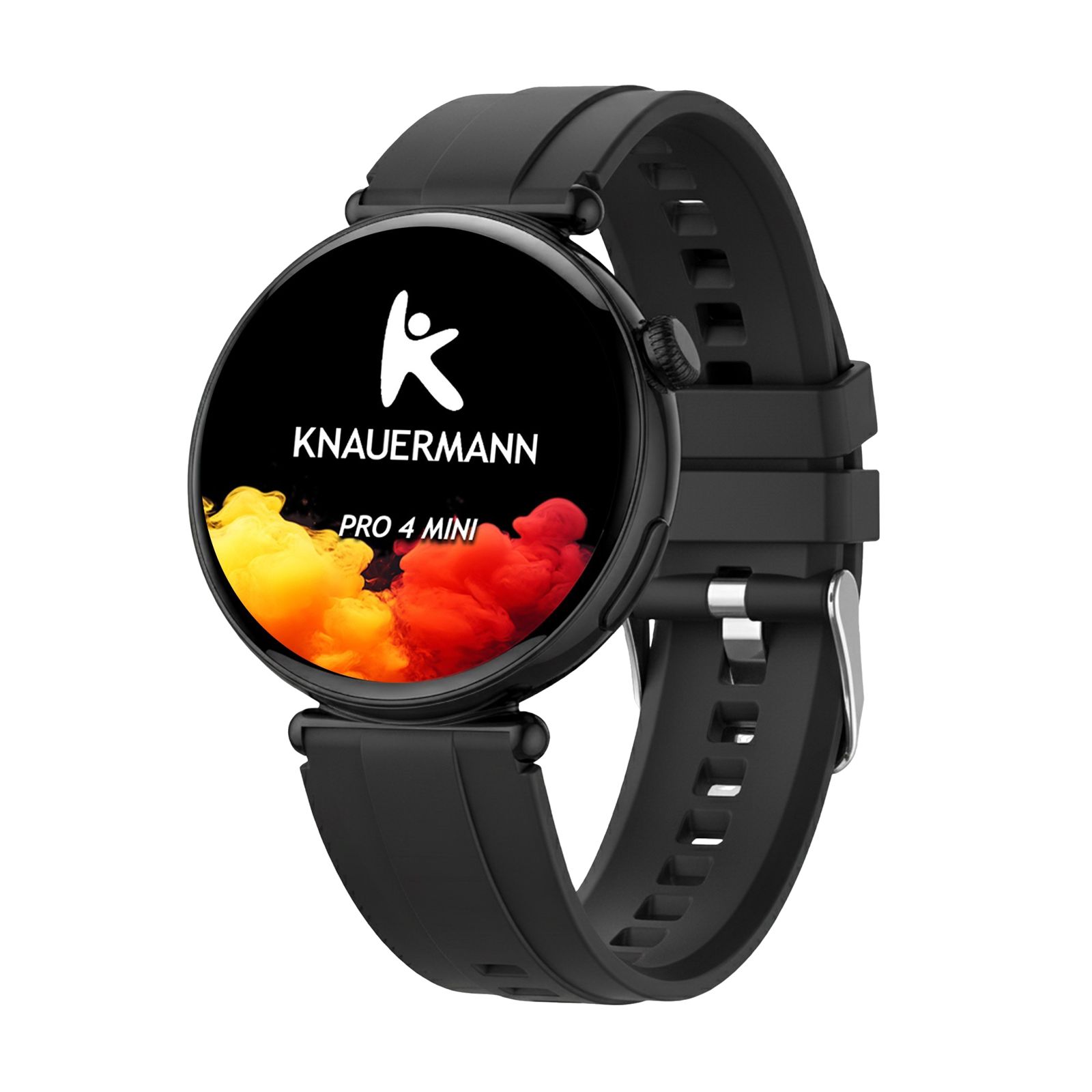 Schwarze Knauermann Pro 4 Mini Smartwatch. Rundes Zifferblatt mit Logo und Schriftzug. Schwarzes Armband mit Schnalle.
