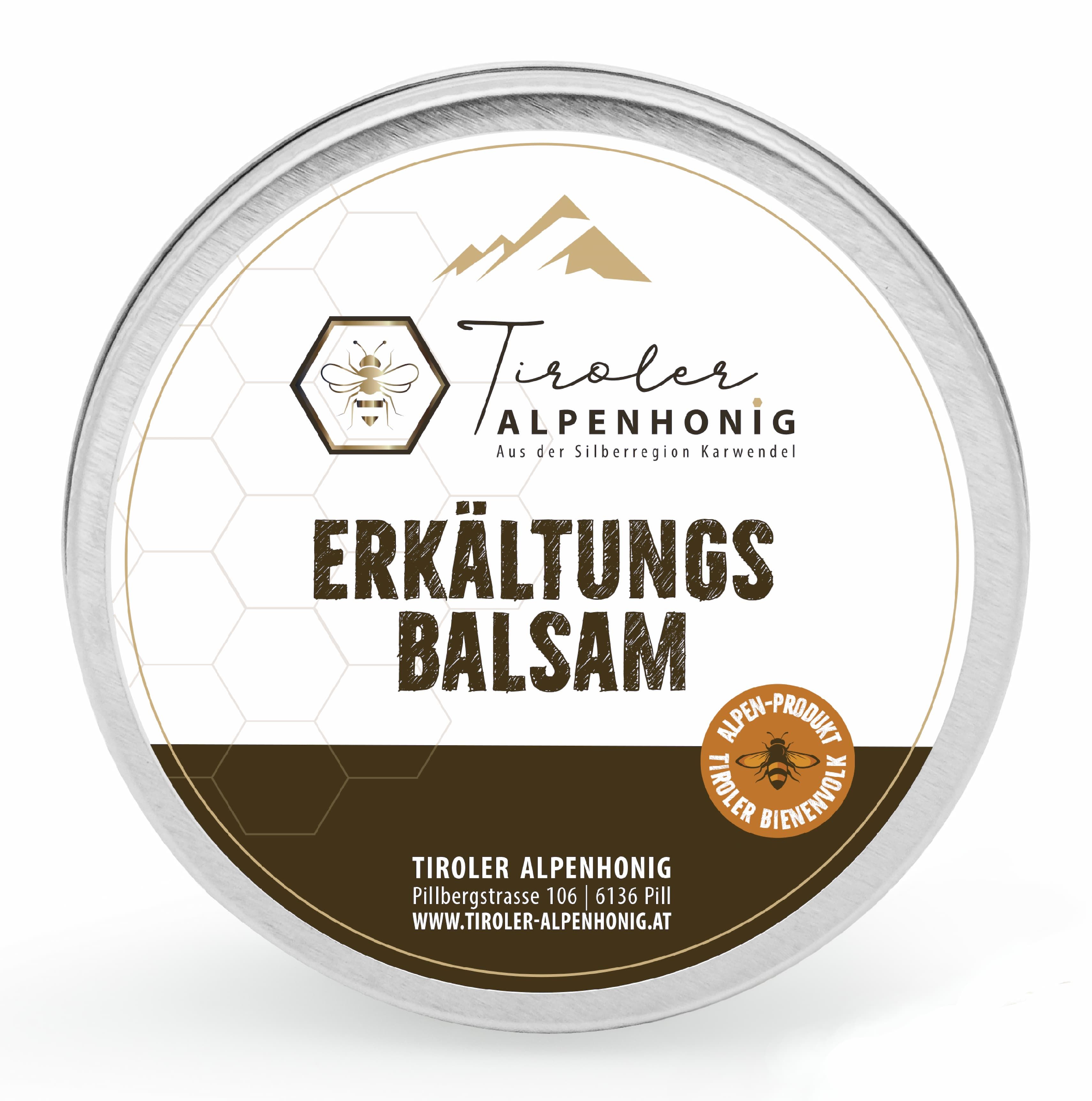 Runde Dose Erkältungsbalsam. Aufschrift: Tiroler Alpenhonig, Erkältungsbalsam. Logo mit Biene und Berg.  Zertifizierung: Alpen-Produkt.