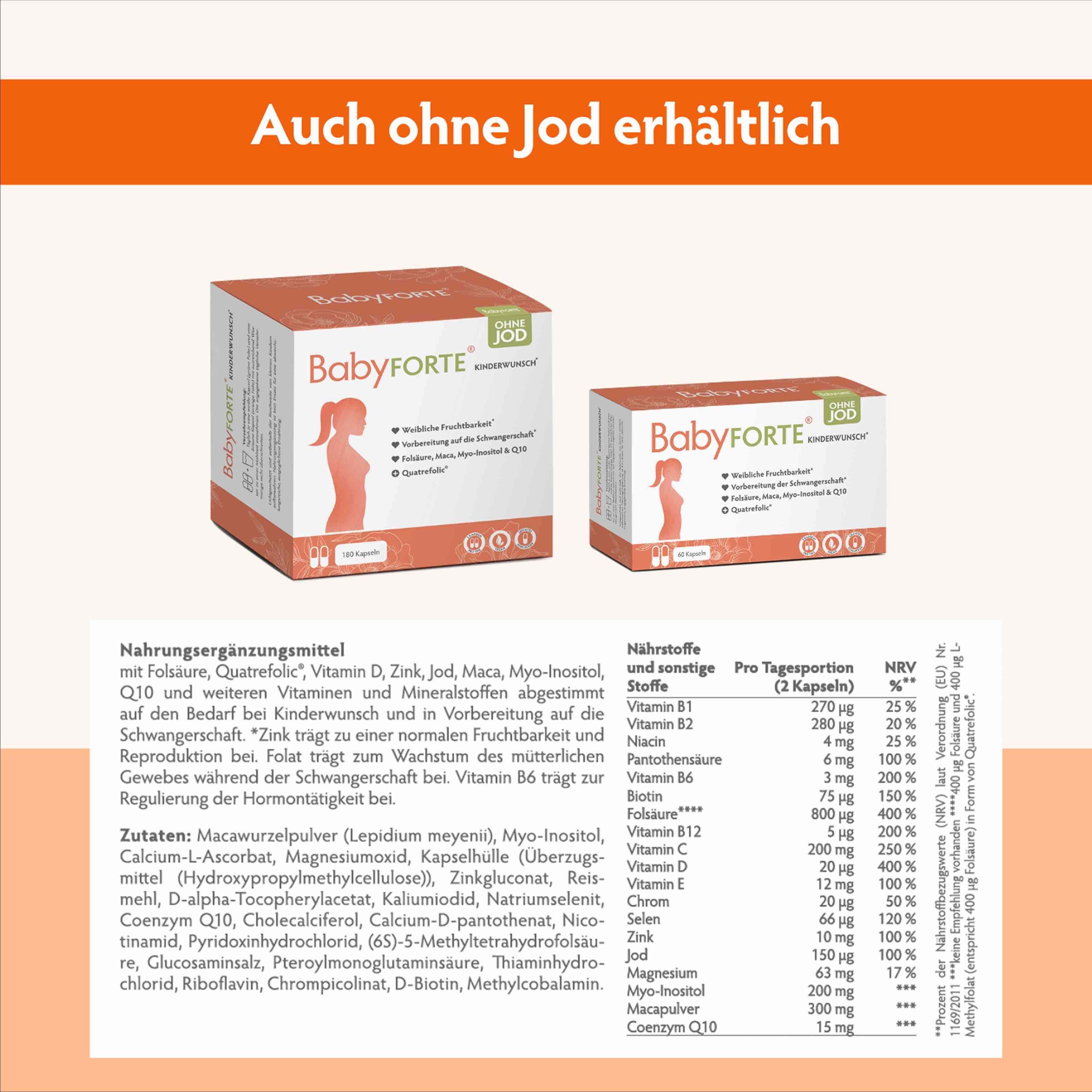 Zwei Packungen BabyFORTE. Text: Nährwertangaben, Zutaten. Kleine Packung: 30 Kapseln. Große Packung: 90 Kapseln. Auch ohne Jod erhältlich.