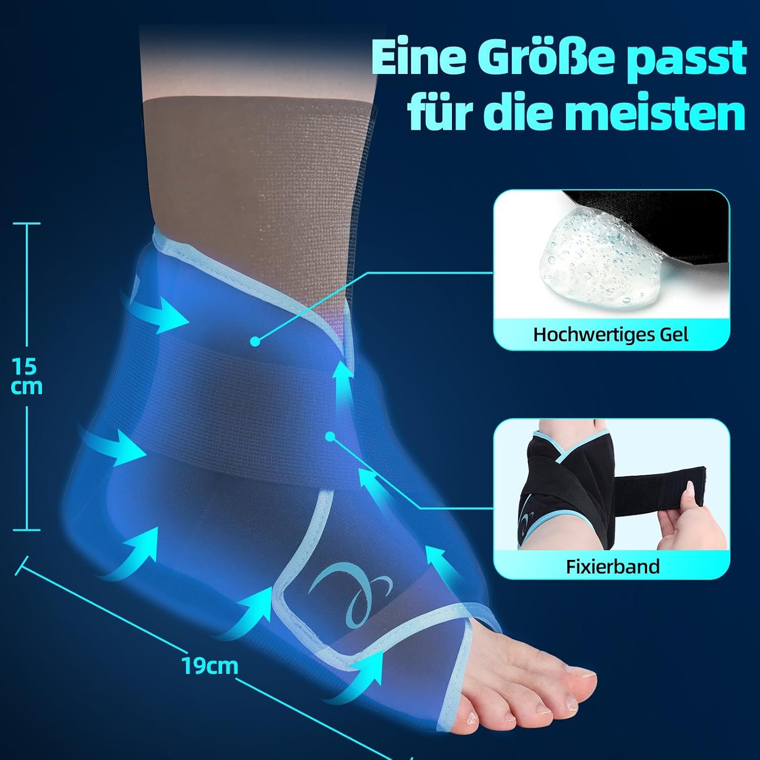 Blau-weiße Bandage für den Knöchel, 15x19 cm, mit Klettverschluss und Gel-Einlage.