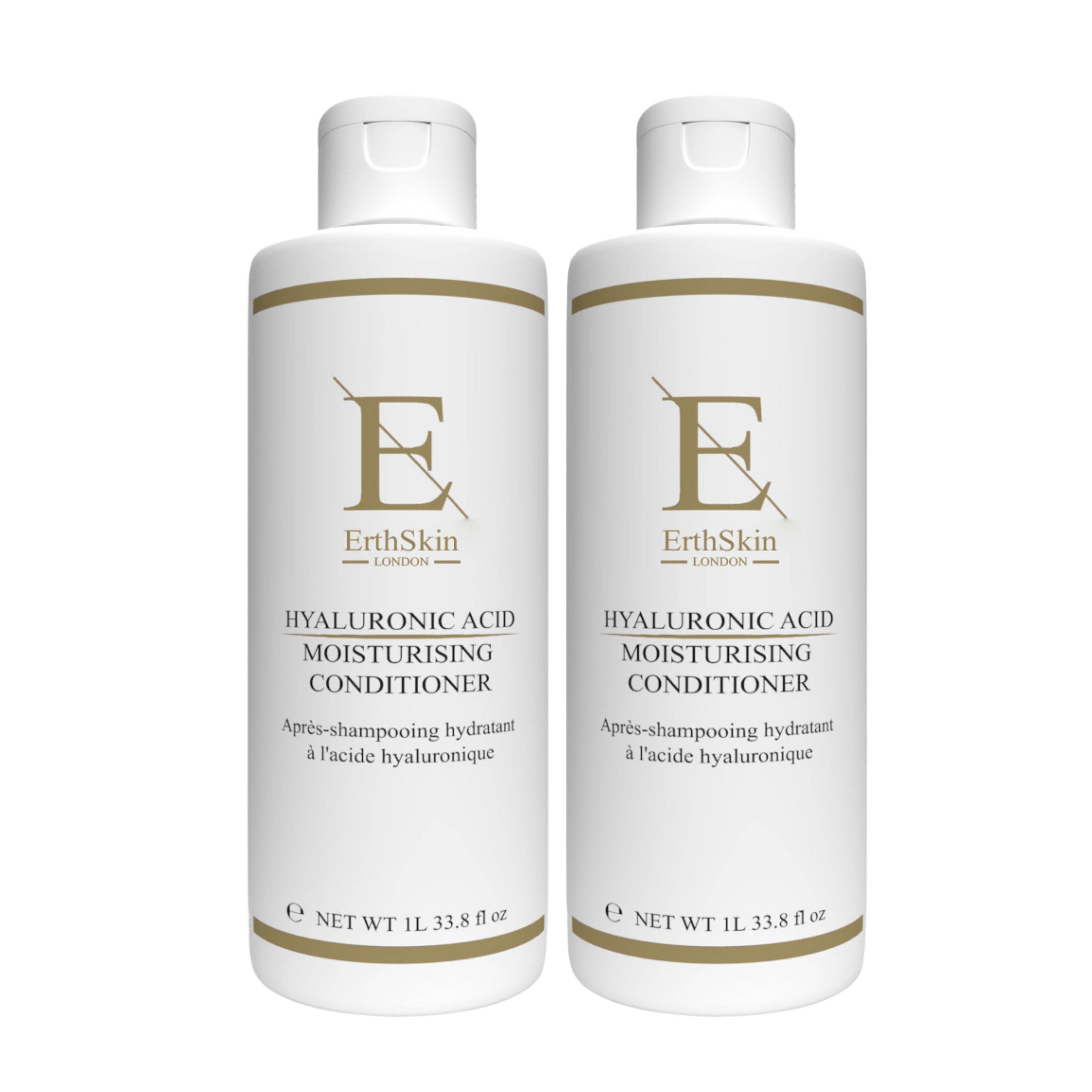 Zwei weiße Flaschen mit goldfarbenen Etiketten. Aufschrift: ErthSkin London, Hyaluronsäure feuchtigkeitsspendender Conditioner. Flaschen mit weißem Deckel.