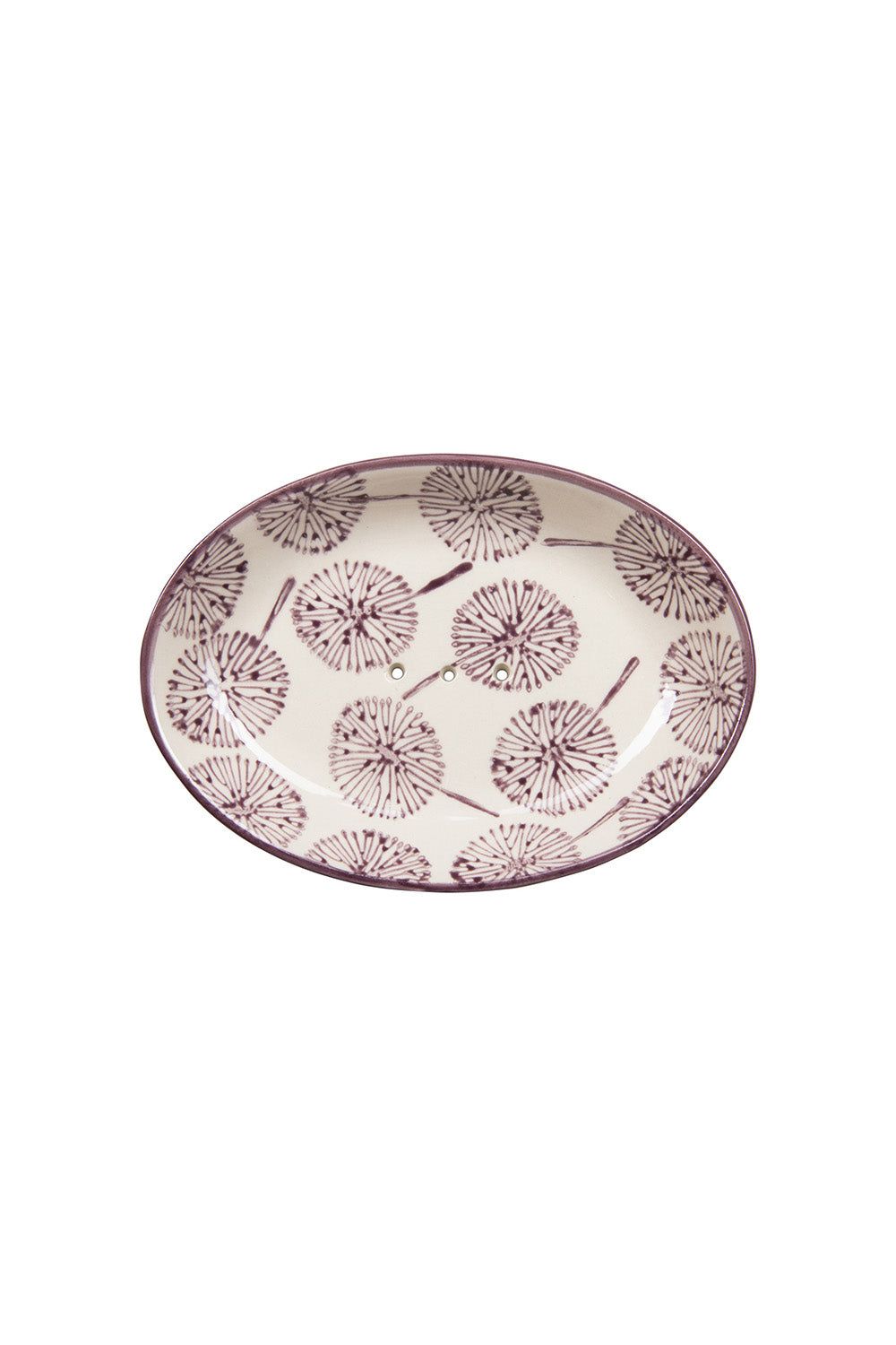 Ovale Seifenschale mit lila Blumendekor. Keramik. Ansicht von oben.
