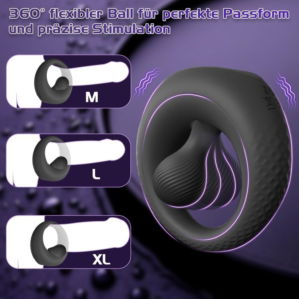 Schwarzer Penisring mit Perlen, drei Größen: M, L, XL. Lila Hintergrund mit Wellen. Text: 360° flexibler Ball.