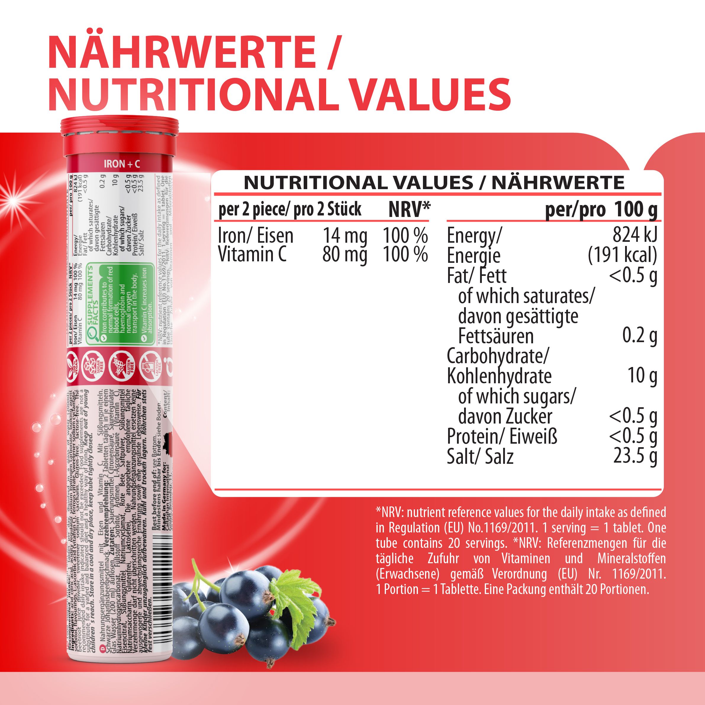 Nährwertangaben für EVÄM Eisen + Vitamin C Brausetabletten. Pro 2 Tabletten: Eisen 14mg, Vitamin C 80mg.