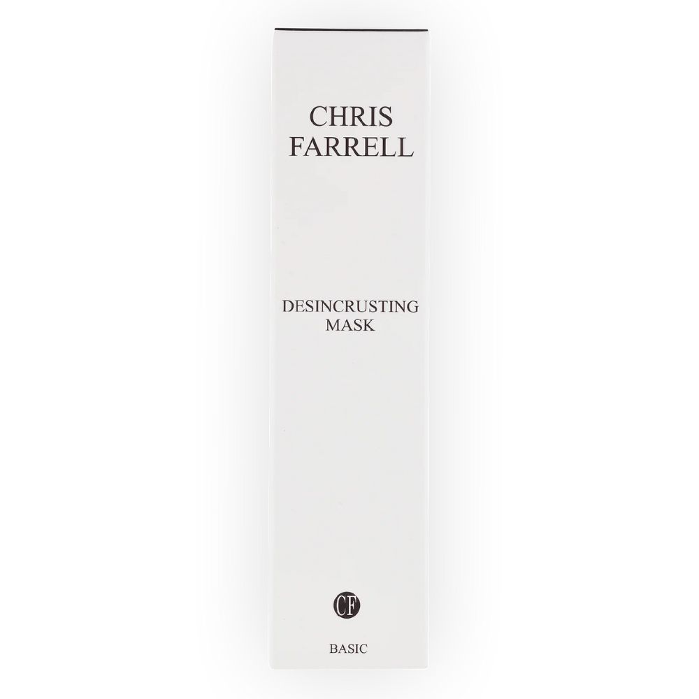 Weiße Verpackung mit schwarzem Text. Oben: CHRIS FARRELL. Mitte: DESINCRUSTING MASK. Unten: CF-Logo und BASIC.