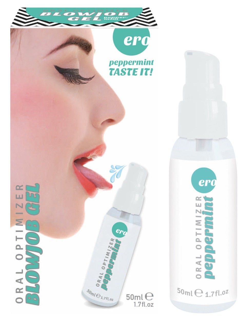 Verpackung mit Frauengesicht und Produkt. Sprühflasche mit "Oral Optimizer Blowjob Gel peppermint". 50ml.