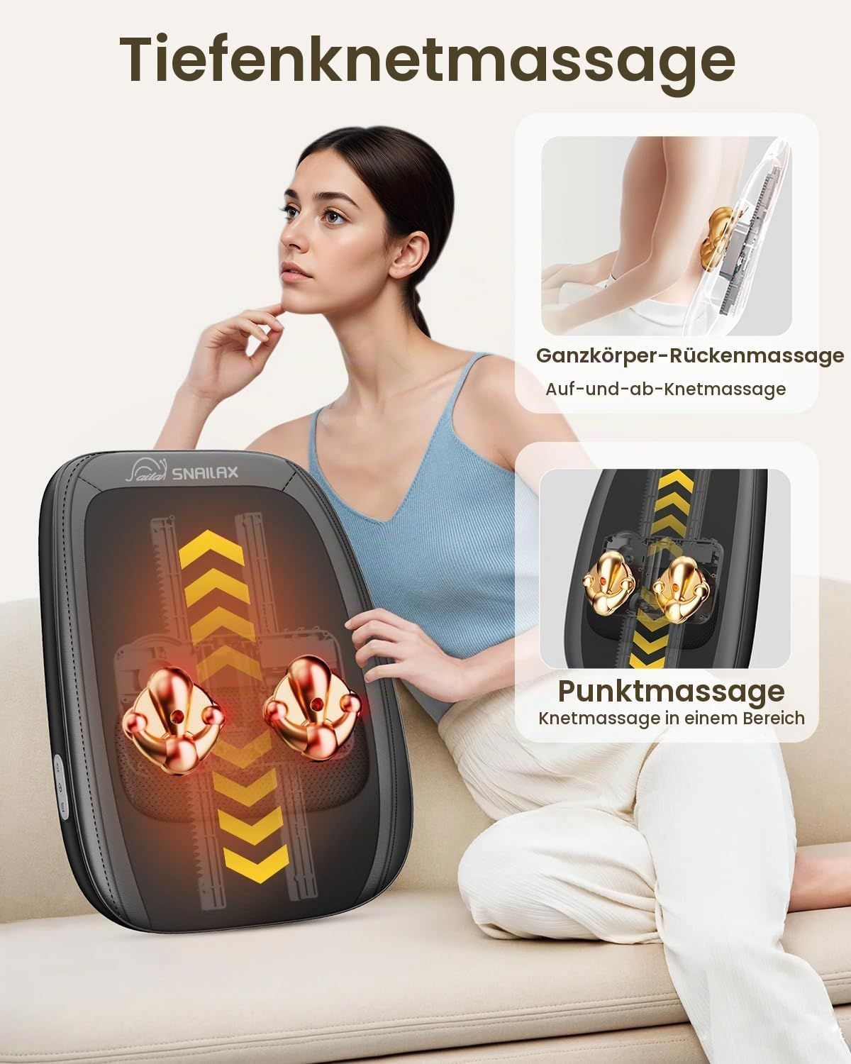 Schwarzes Massagekissen mit SNAILAX-Logo, perforierter Mitte und Heizfunktion.
