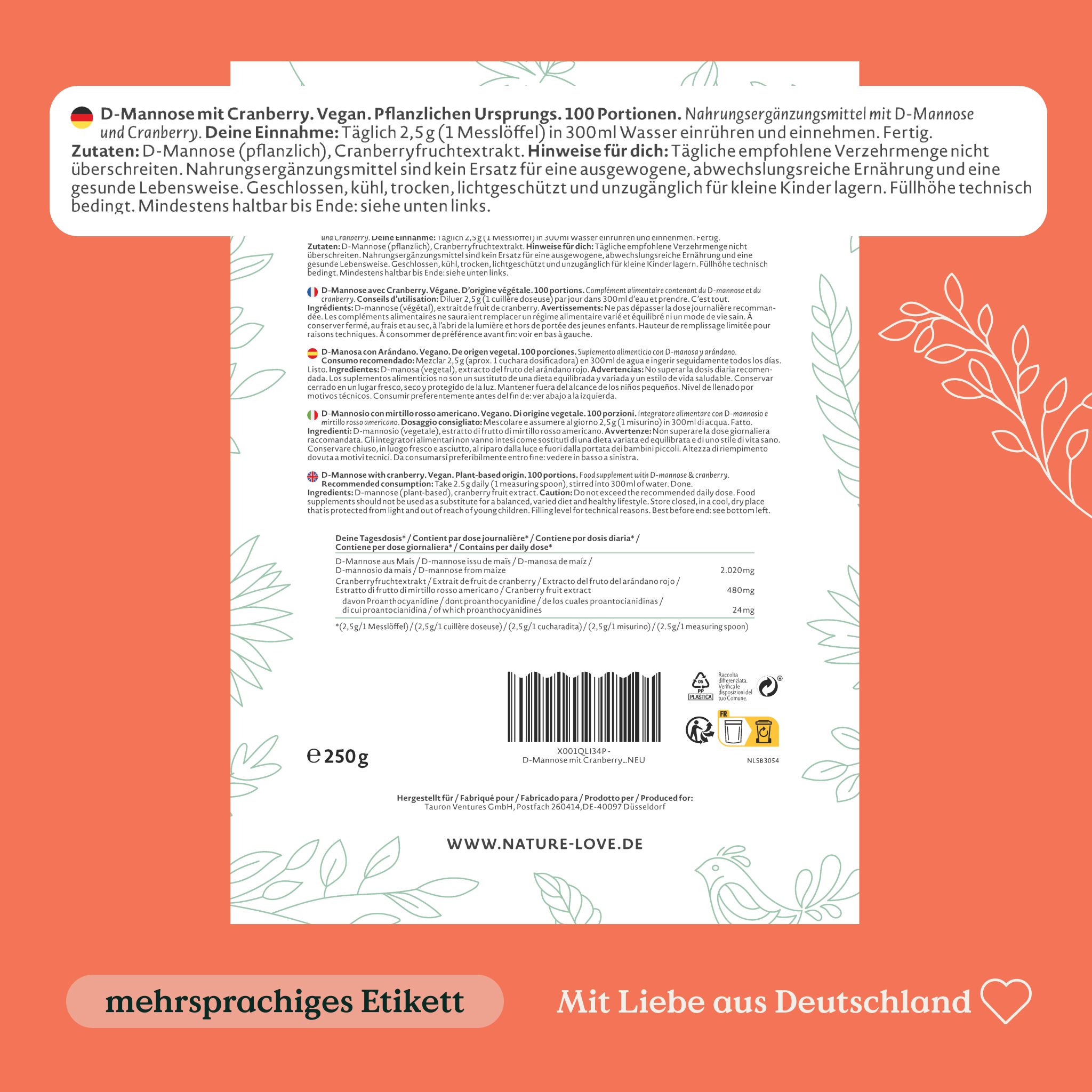 Rückseite der Verpackung. Text in mehreren Sprachen. Enthält Informationen zu Inhaltsstoffen, Dosierung und Nährwerten. Mit Liebe aus Deutschland.