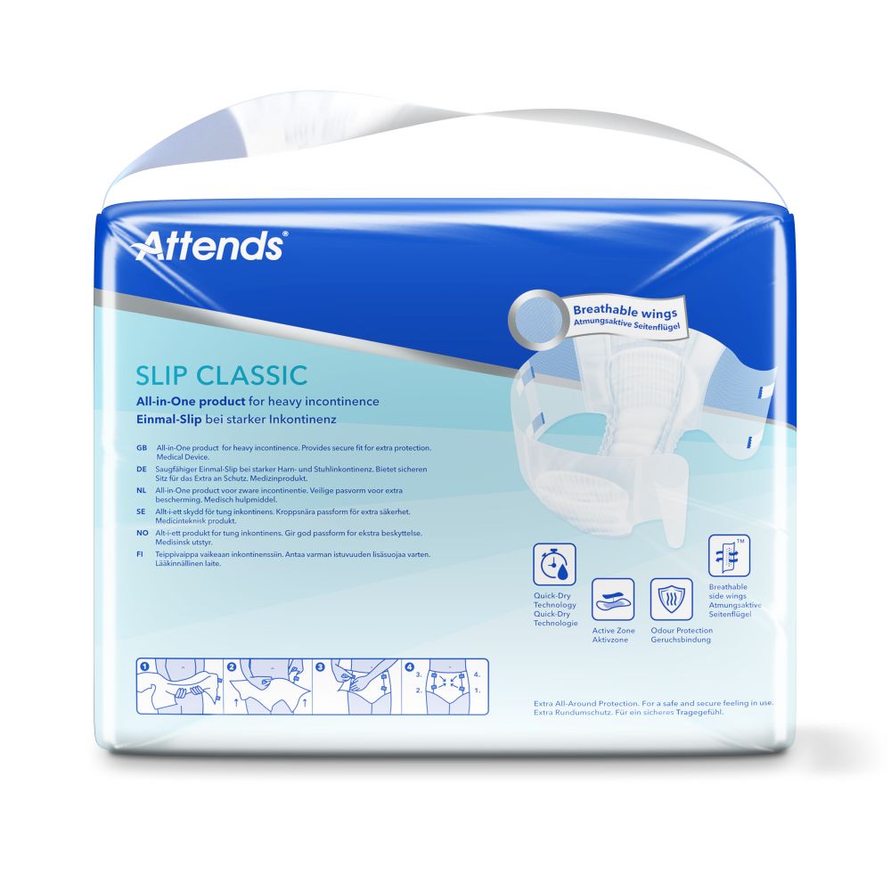 Attends Slip Classic Packung. Rückseite mit Produktinformationen und Piktogrammen. Aufdruck: Breathable wings.