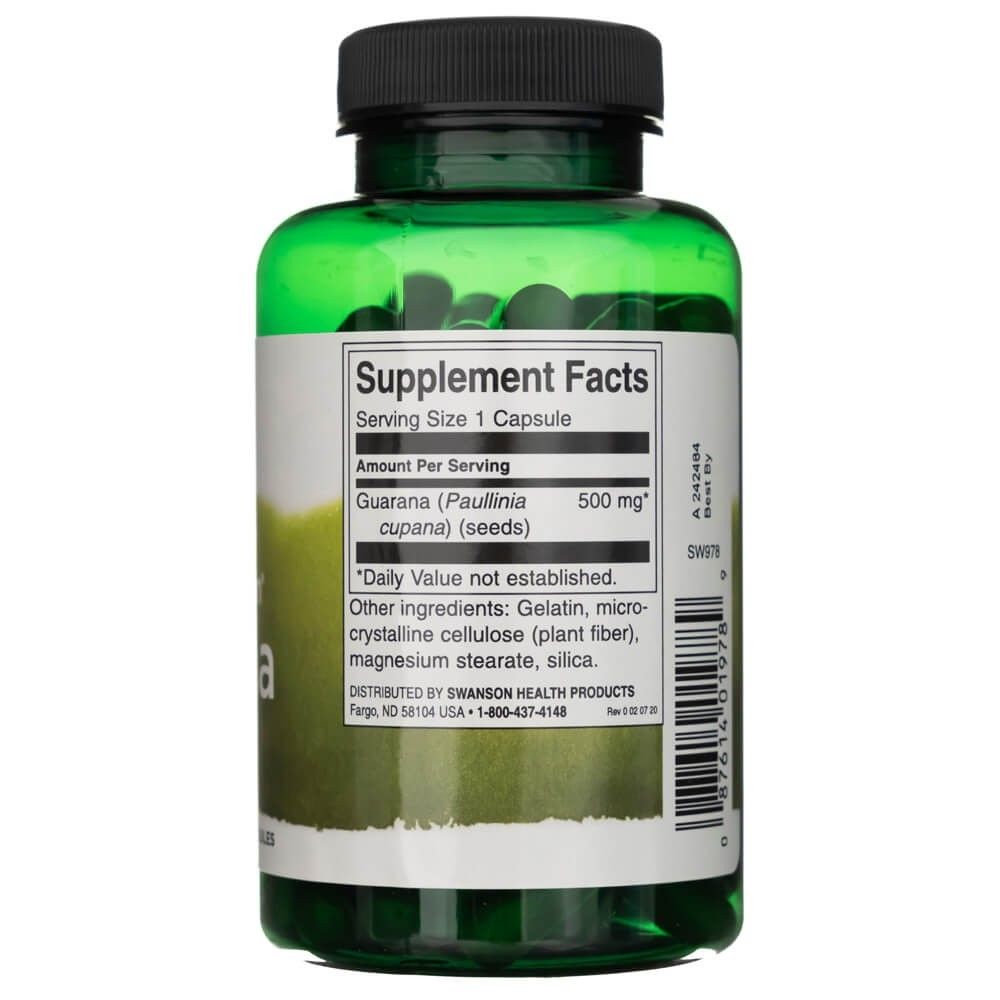 Rückseite einer Dose SWANSON Guarana, Supplement Fakten, 500 mg Guarana pro Kapsel.