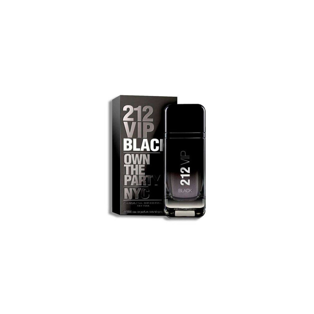 Schwarzer Flakon und Verpackung. Aufschrift 212 VIP Black, Own The Party NYC. Carolina Herrera Logo. 100ml.