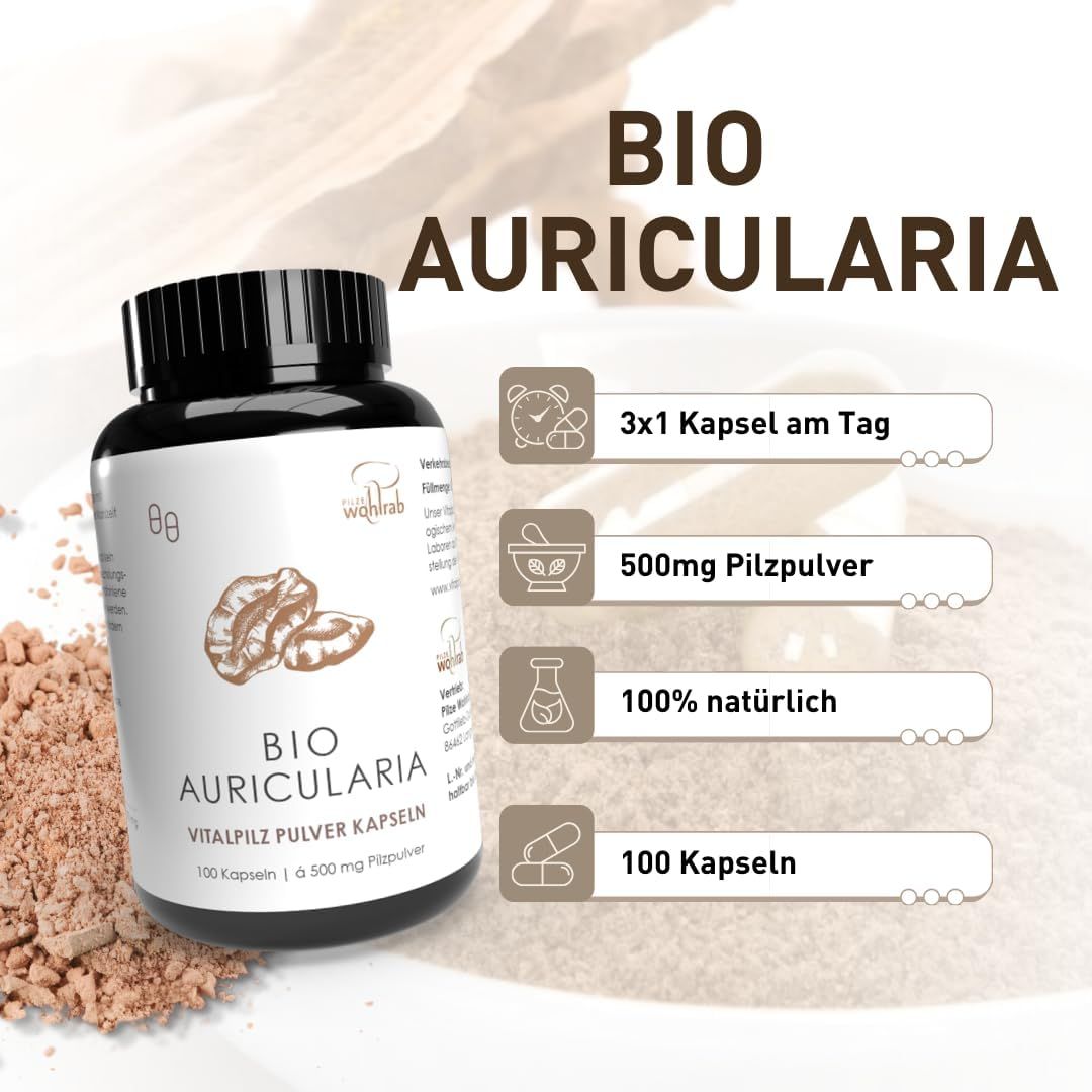 Flasche mit Kapseln und Text: 3x1 Kapsel am Tag, 500mg Pilzpulver, 100% natürlich, 100 Kapseln. Aufschrift: BIO AURICULARIA.
