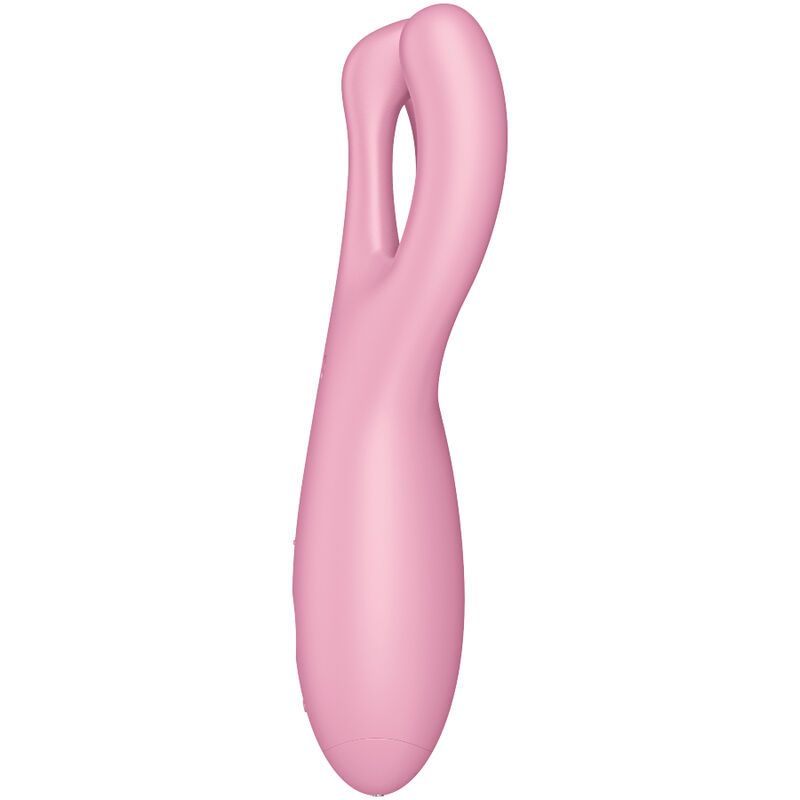Rosa Vibrator mit zwei gebogenen Spitzen. Glatte Oberfläche. Formschönes Design.