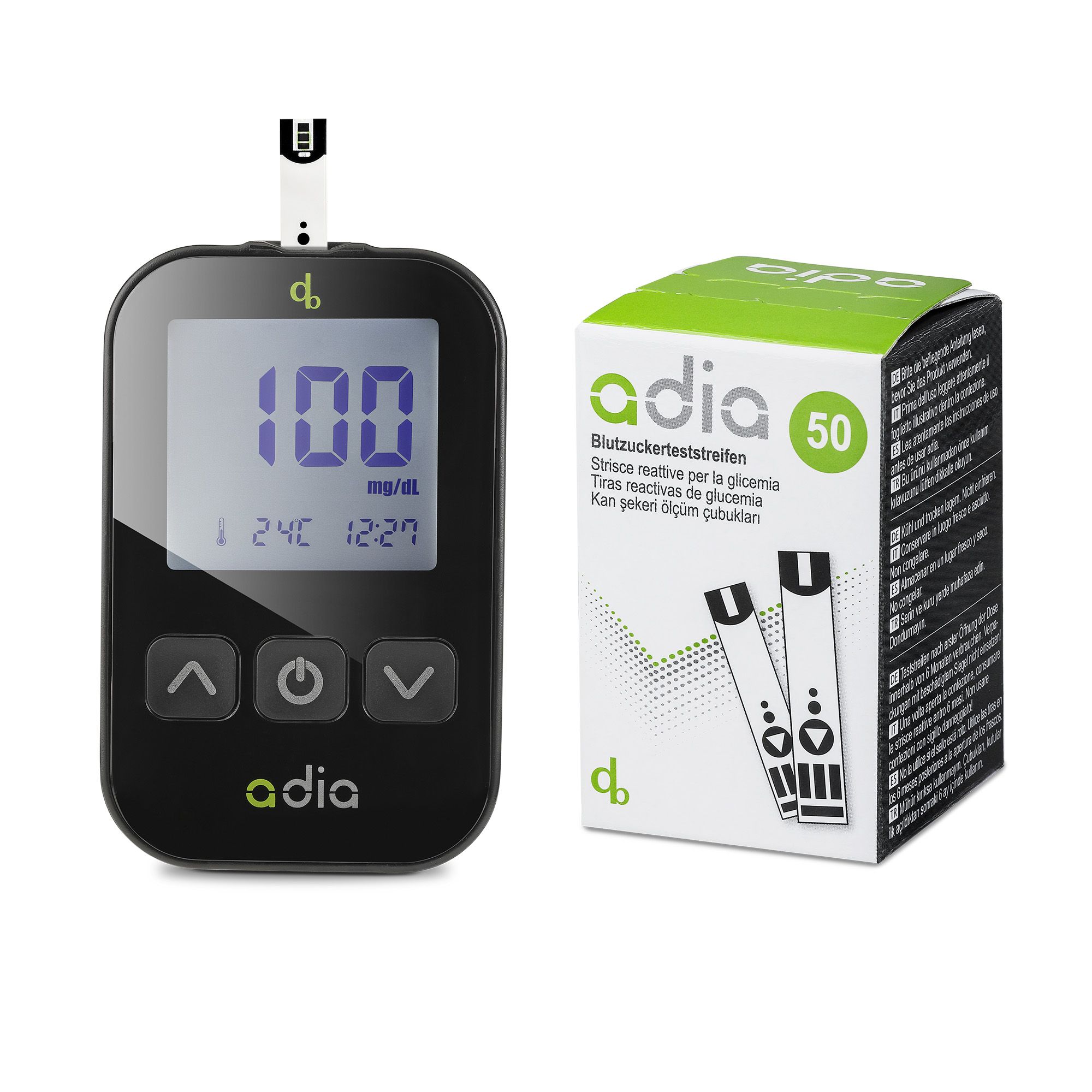 adia Diabetes-Set, mg/dl mit 60 Blutzuckerteststreifen, Stechhilfe, Lanzetten