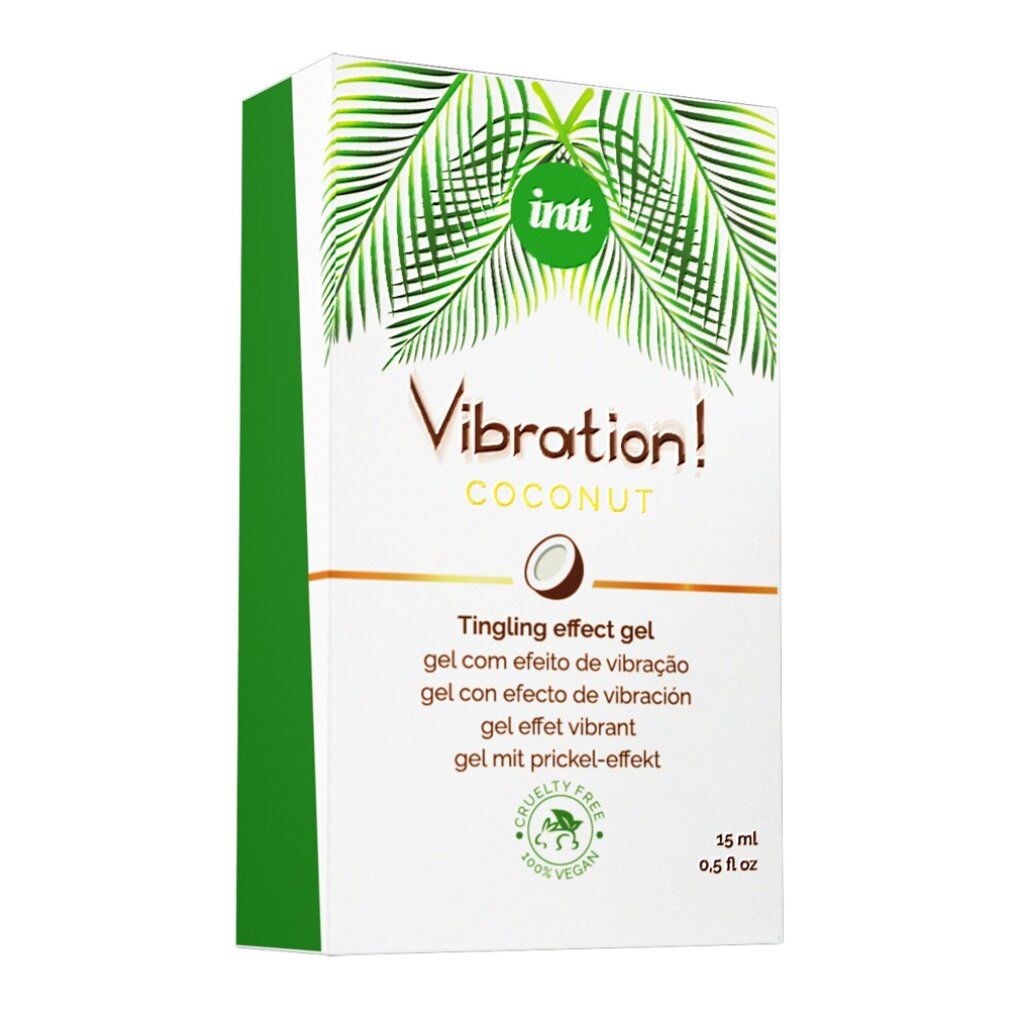 Verpackung. Weiße Schachtel mit grünem Logo und Text. Aufschrift: Vibration! Coconut. Produktname: Tingling effect gel. 15 ml. Cruelty free.