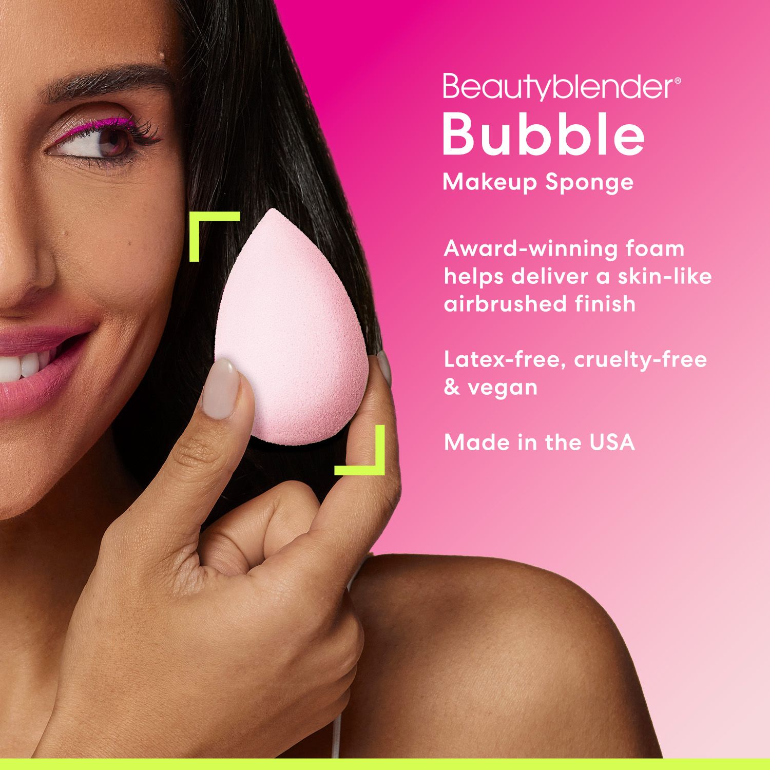Person hält einen rosa Beautyblender Bubble-Schwamm. Text: Award-winning foam, latex-frei, tierversuchsfrei & vegan, Made in the USA.