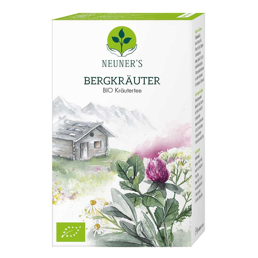 Verpackung von Neuner's Bio Bergkräuter Kräutertee Beutel. Abbildung von Kräutern, Haus und Logo. Bio-Siegel.