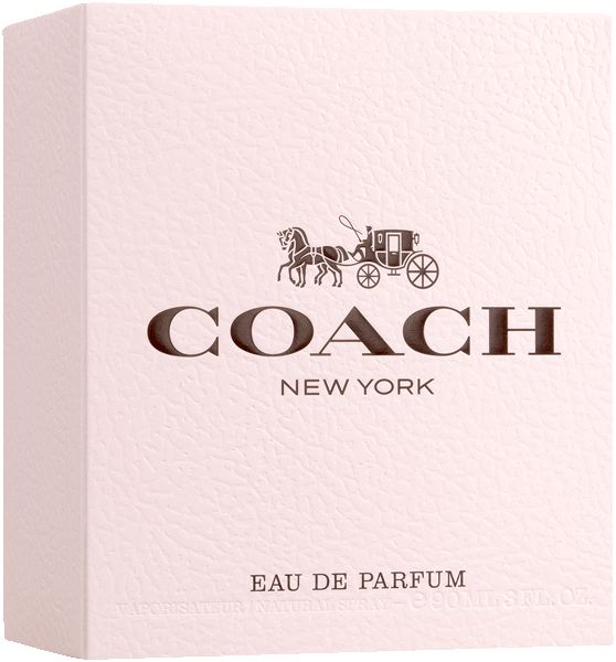 Coach New York Eau de Parfum Flakon und Verpackung. Flakon mit goldfarbenem Verschluss und Anhänger.