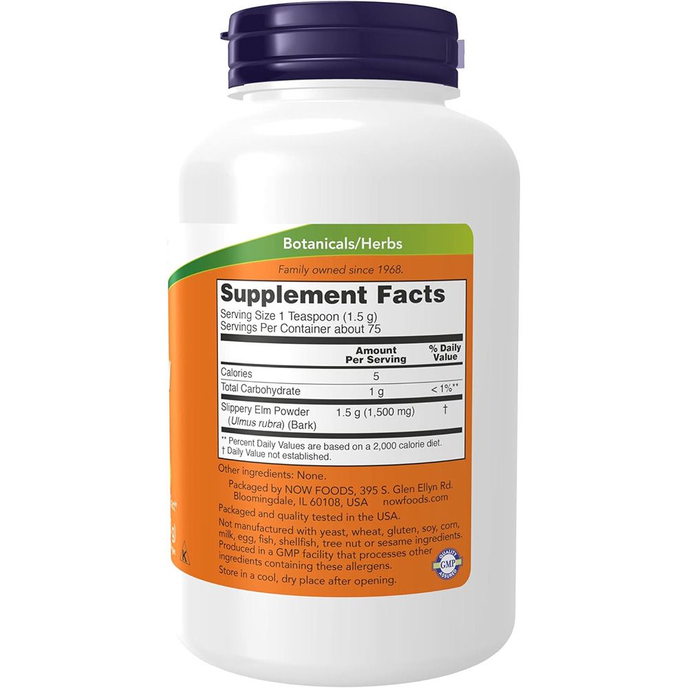 Rückseite eines Behälters mit Now Foods Slippery Elm Pulver, zeigt Nährwertangaben und Inhaltsstoffe.