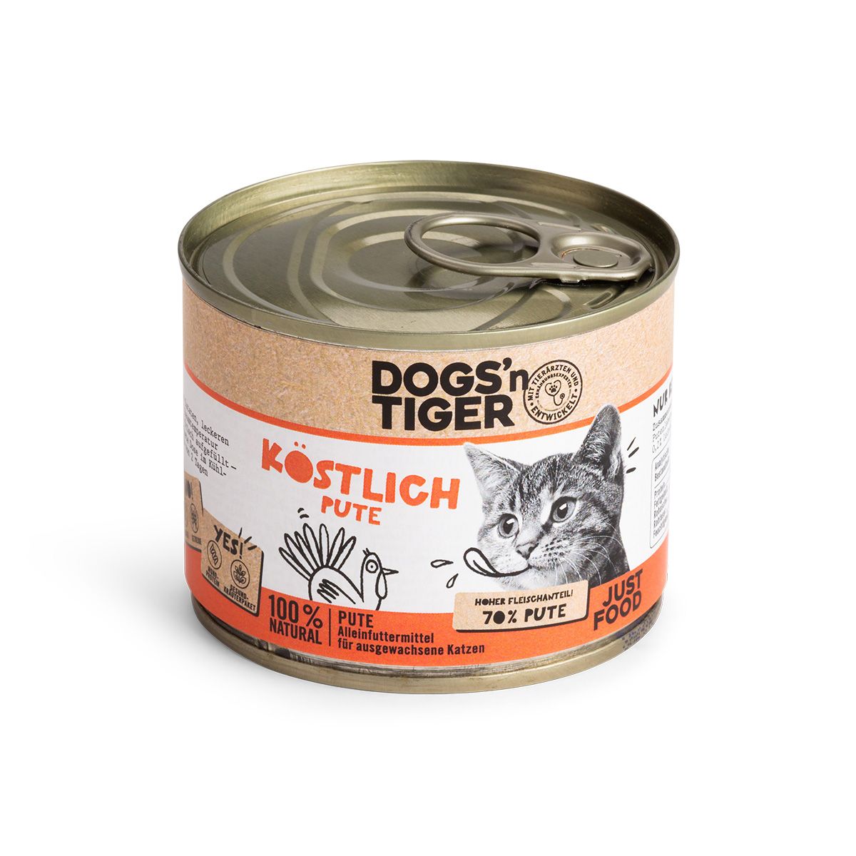Eine Dose Katzenfutter. Auf der Dose sind das Logo Dogs'n Tiger, ein Katzenbild und der Schriftzug 'Köstlich Pute' zu sehen.