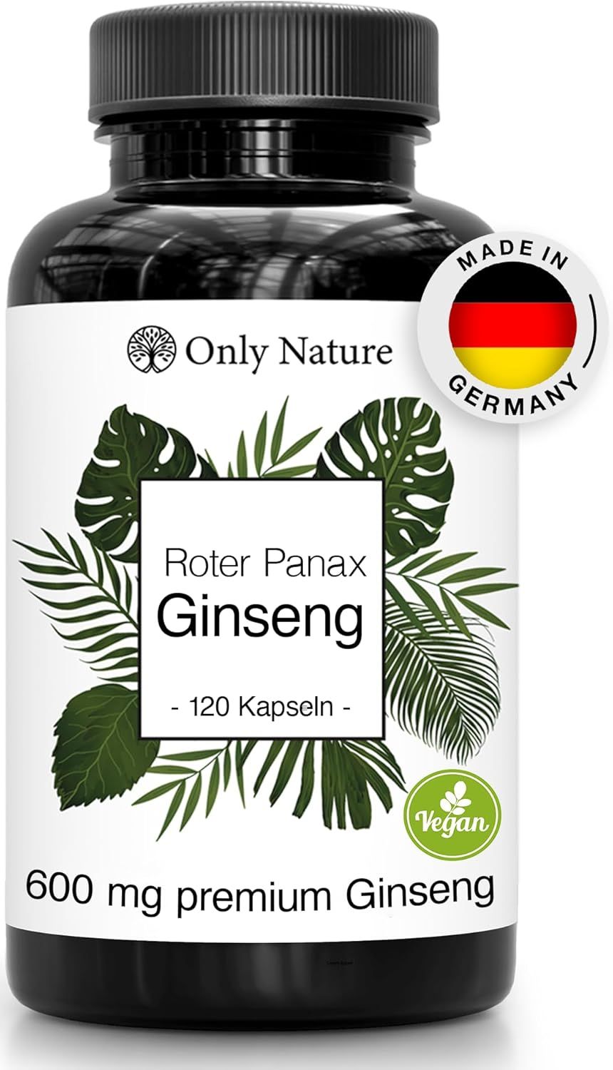 Schwarze Flasche mit Ginseng-Kapseln. Aufschrift: Roter Panax Ginseng, 120 Kapseln, 600 mg premium Ginseng. Vegan-Siegel. Made in Germany.
