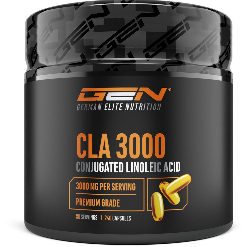 Schwarze Dose CLA 3000 von German Elite Nutrition. Enthält 240 Kapseln. 3000 mg pro Portion. Premium Grade.