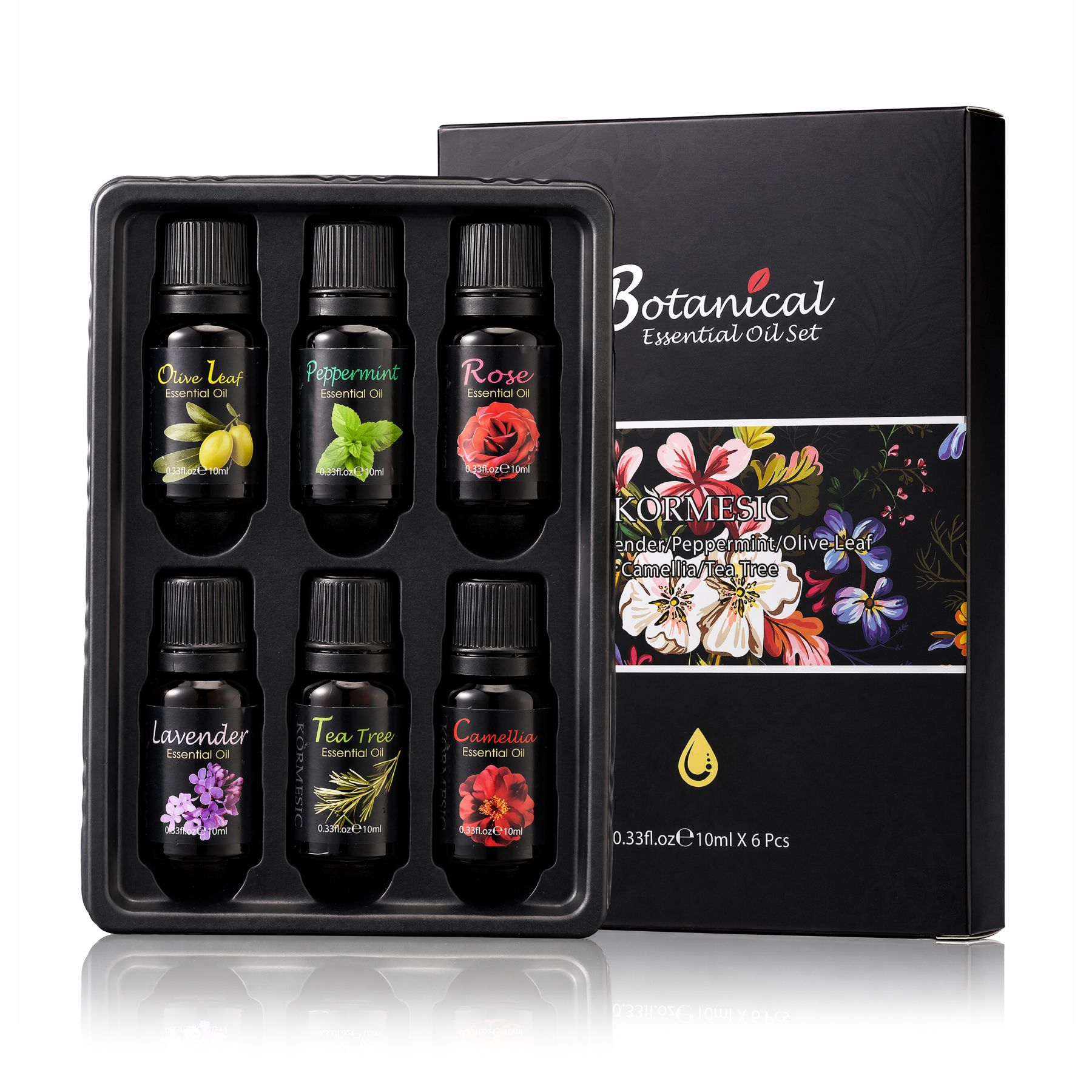 Sechs kleine Flaschen ätherisches Öl in einem schwarzen Set: Olive Leaf, Peppermint, Rose, Lavender, Tea Tree, Camellia.