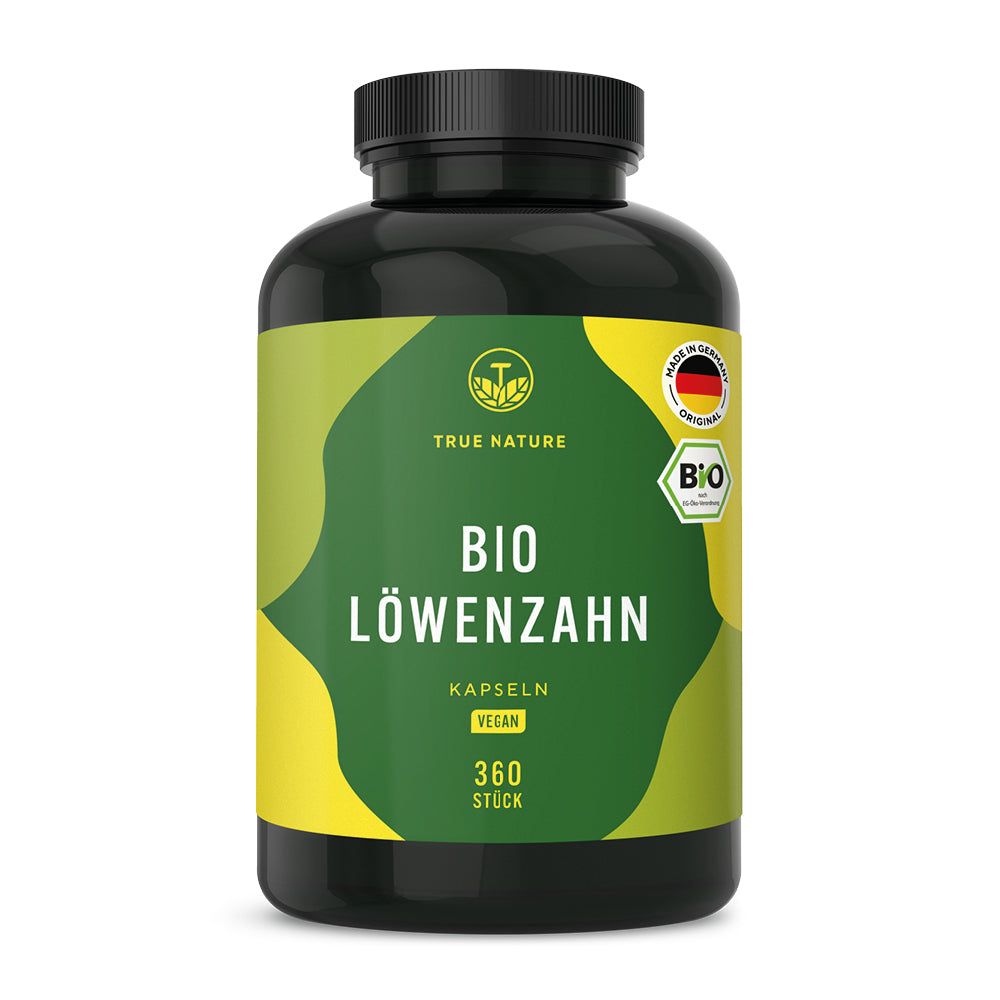 Schwarze Flasche mit gelbem Etikett. Aufschrift: TRUE NATURE BIO Löwenzahn Kapseln. 360 Stück. Bio-Siegel und Made in Germany.