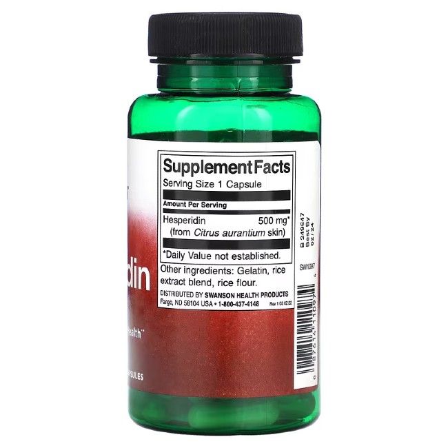 Rückansicht einer grünen Flasche mit schwarzem Deckel. Etikett mit Nährwertangaben: Hesperidin 500 mg.